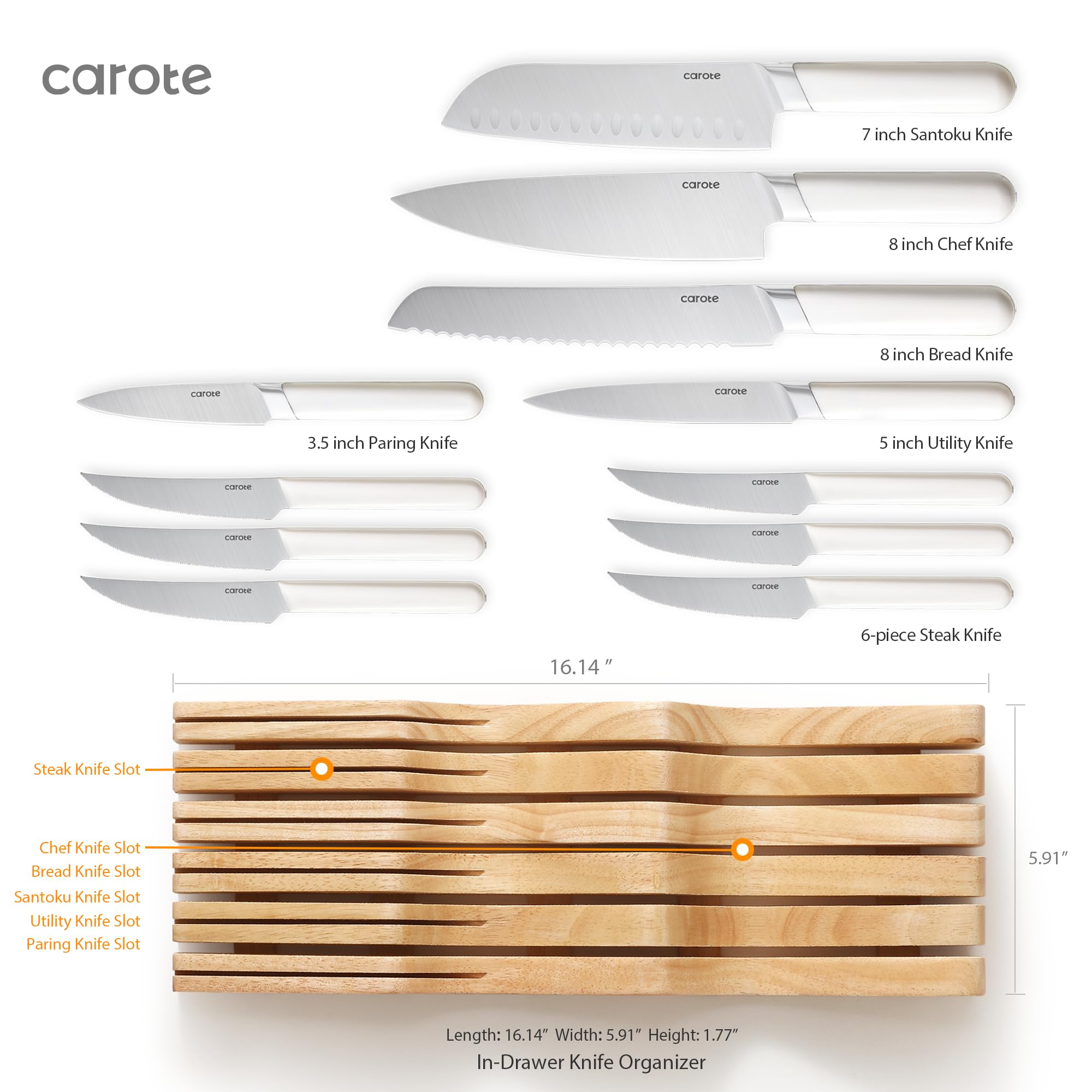 CAROTE 12-Piece Stainless Steel Kitchen Knife Set with Knife Block & Drawer Organizer - Dishwasher Safe Cutlery Set in White | Perfect for Home Chefs, Wedding Gifts & Kitchen Upgrades