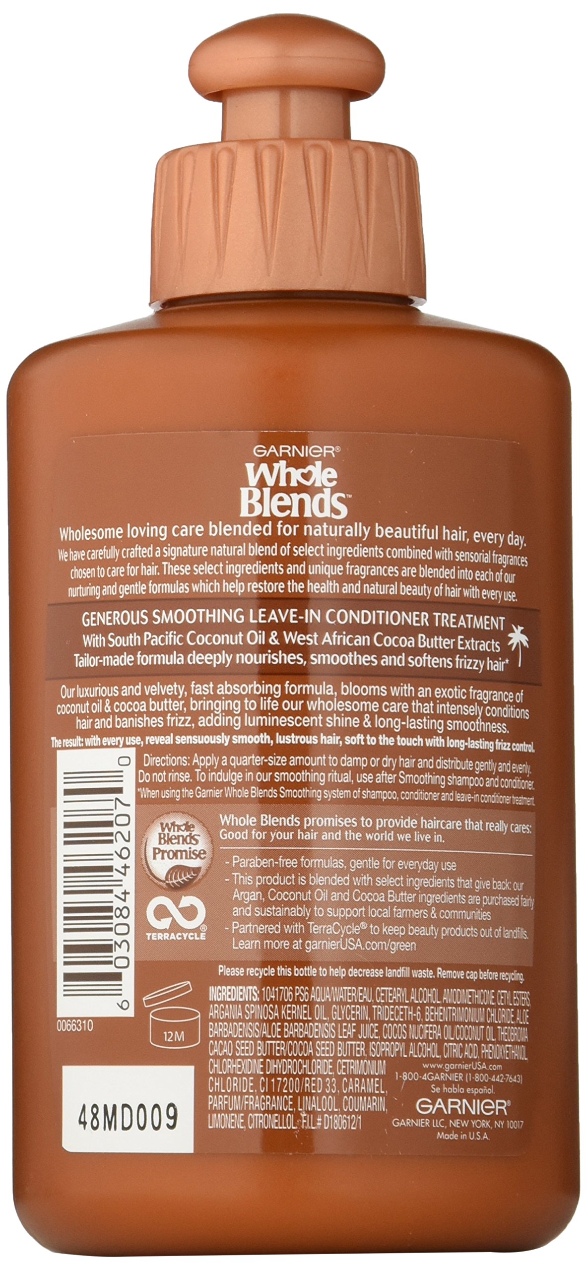 Garnier Whole Blends Smoothing Leave-in Conditioner with Coconut Oil & Cocoa Butter - 10.2 Fl Oz (1 Count) - Hydrating Hair Treatment for Frizz Control & Shine - Perfect for Dry, Damaged Hair at Home or Salon Use