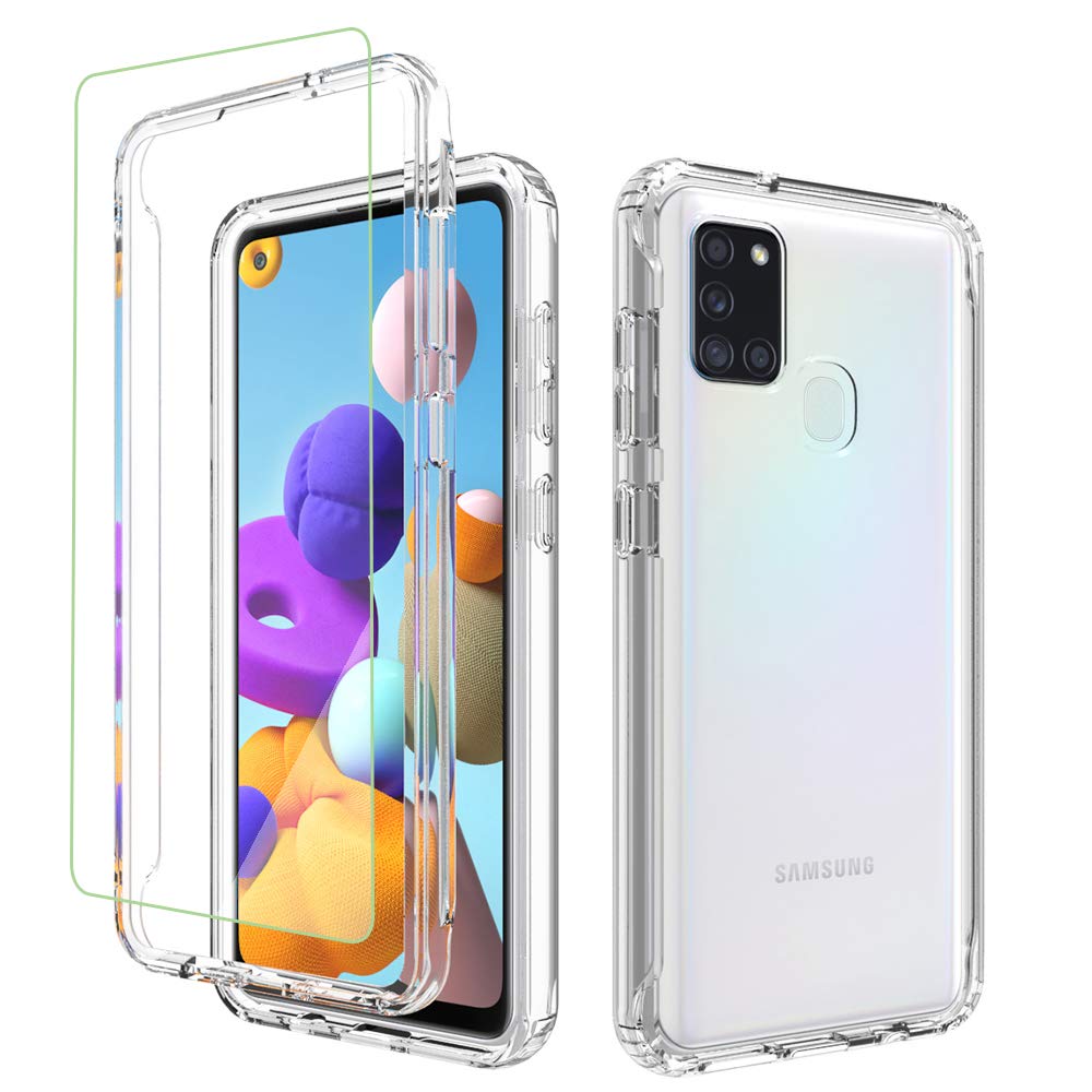 Samsung Galaxy A21S Case with Tempered Glass Screen Protector - Heavy Duty Shockproof Hybrid Clear TPU Bumper Full Body Cover for Samsung A21S (Clear) - Perfect for Outdoor Activities, Work & Daily Protection