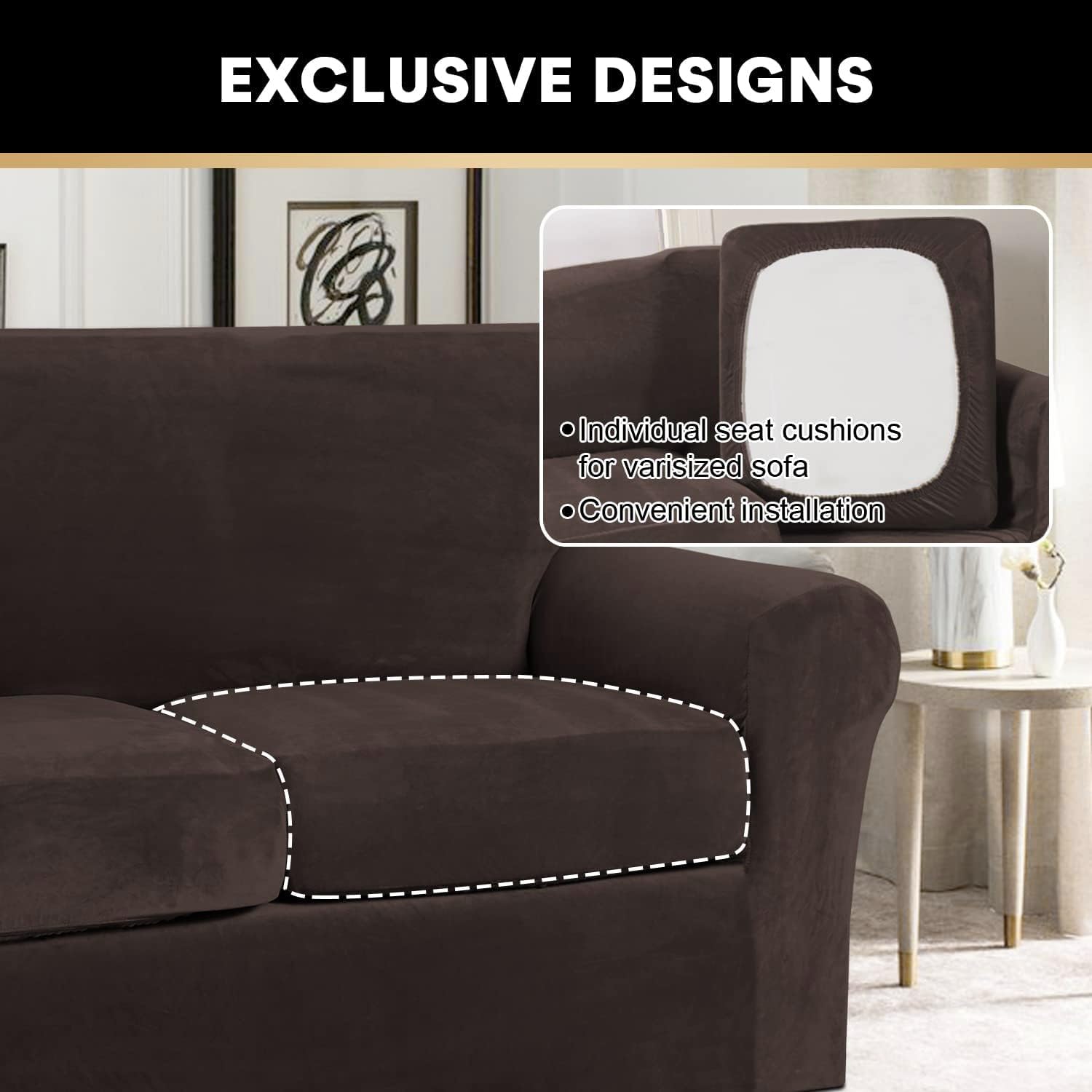 PrinceDeco Velvet Plush Sofa Cover for 2 Cushion Couches – Washable, Non-Slip Furniture Protector (90 Inch Width, Pet Friendly) – Perfect for Living Room, Family Room & Pet Owners (Medium-Large, Brown)