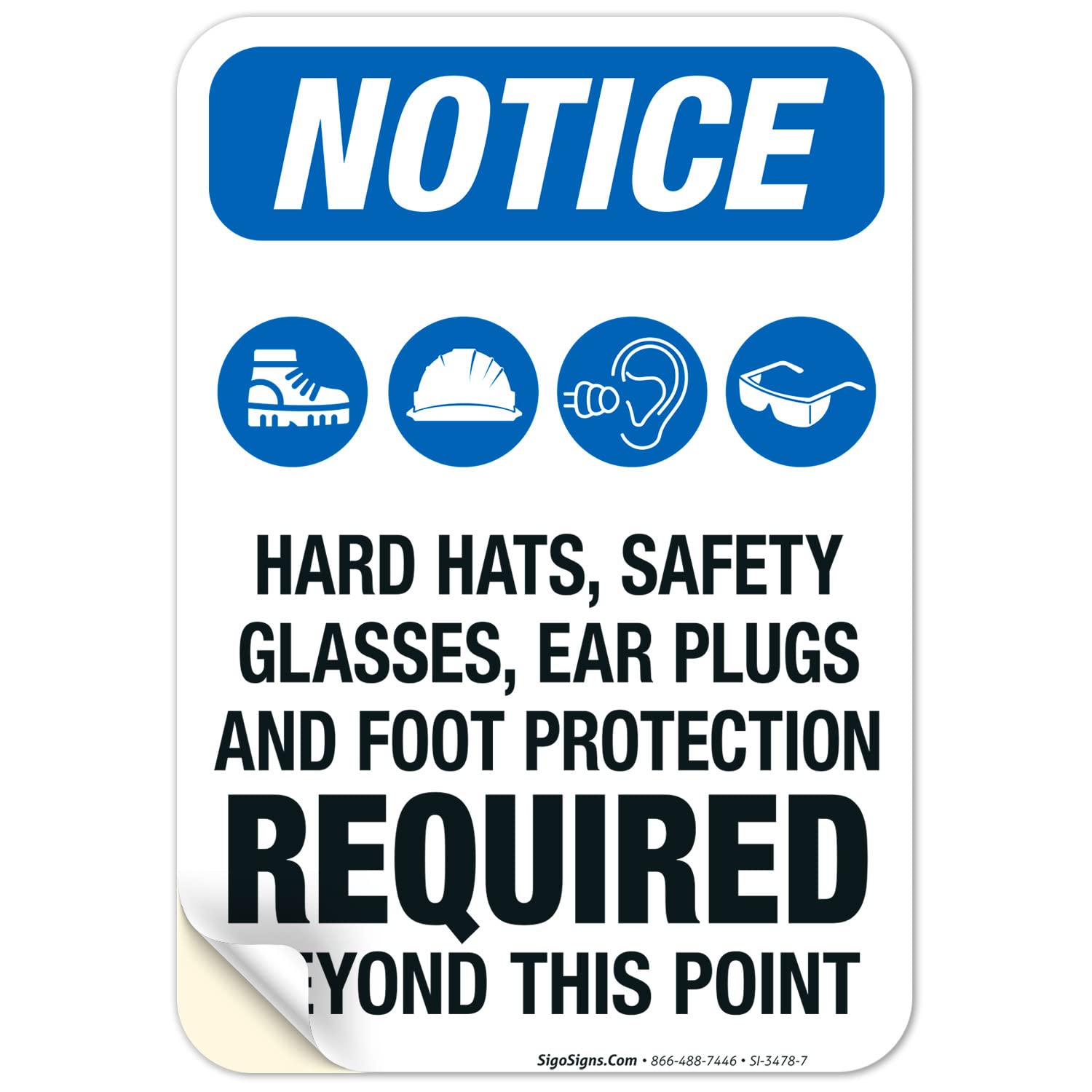 OSHA Safety Sign - 'Hearing Protection, Safety Glasses & Foot Protection Required' - 10x7 Inches, 4 Mil Vinyl Decal - Weatherproof, UV Resistant, Long Lasting - Made in USA - Perfect for Construction Sites, Factories & Industrial Workplaces