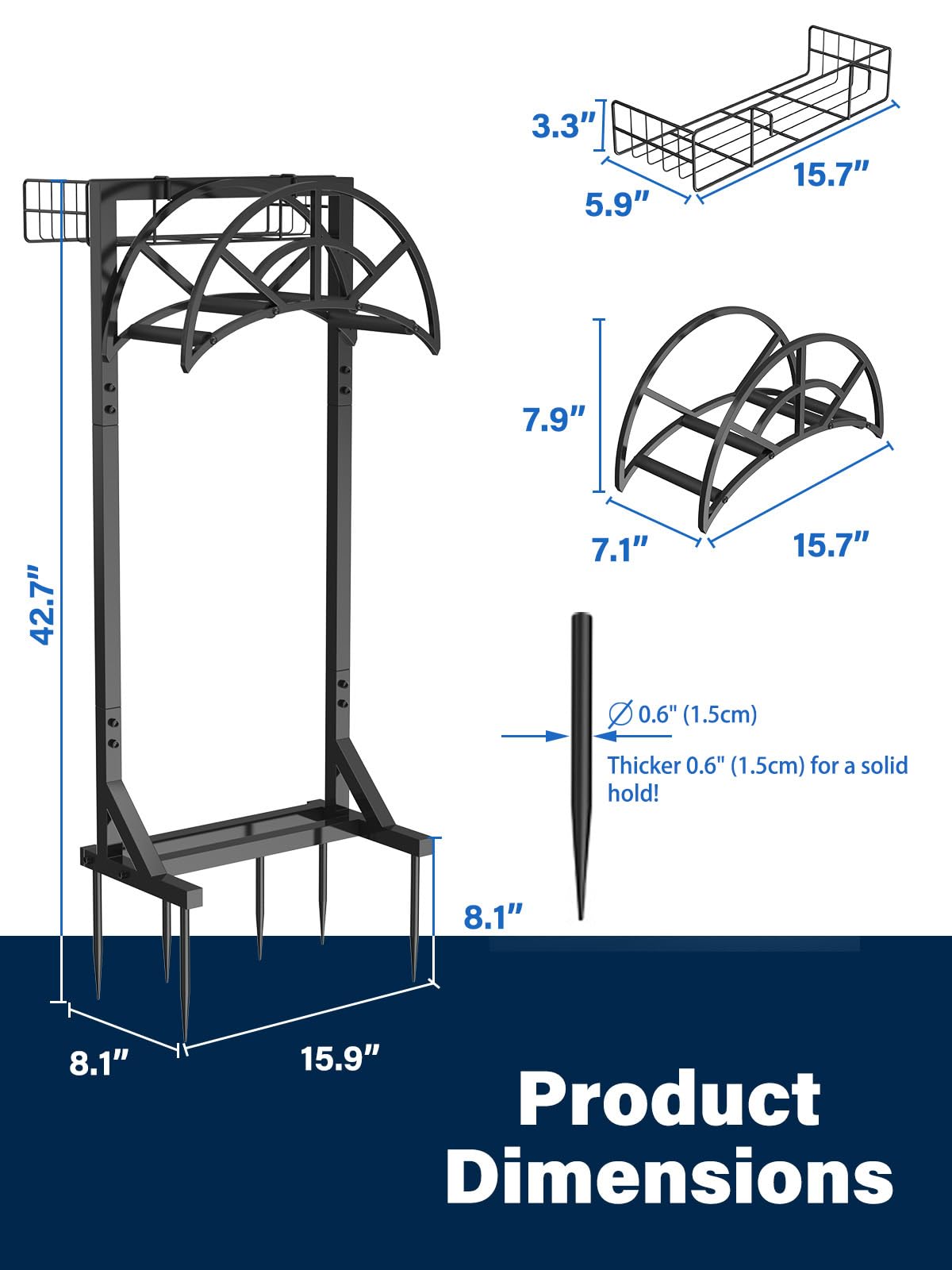 Abimars Heavy Duty Metal Garden Hose Holder with Basket - Upgraded 6 Spikes for Secure Water Hose Storage (Black) - Perfect for Yard, Lawn, and Outdoor Garden Organization