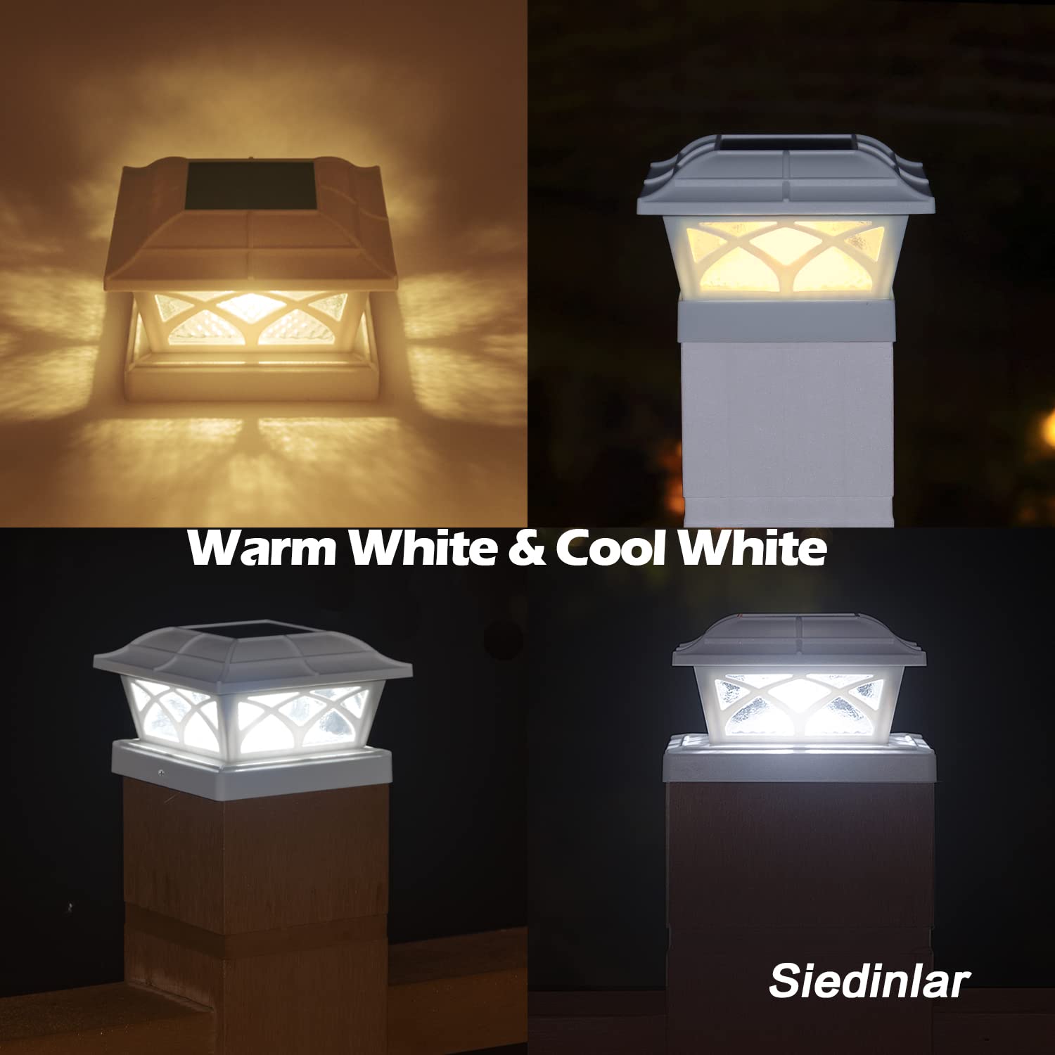 SIEDiNLAR Solar Post Cap Lights Outdoor - 8 LED Glass Lights with Warm White & Cool White Modes for 4x4 5x5 6x6 Wooden Posts - Waterproof Fence Deck Patio Lighting (4 Pack) - Perfect for Garden, Pathway, and Backyard Decoration