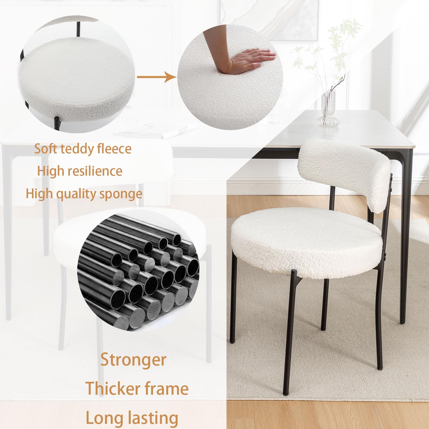 4 Pack Boucle Fabric Dining Chairs - Modern Round Upholstered Chairs with Black Metal Legs for Dining Room & Kitchen - White Velvet Accent Chairs Perfect for Home Decor, Breakfast Nook and Small Spaces