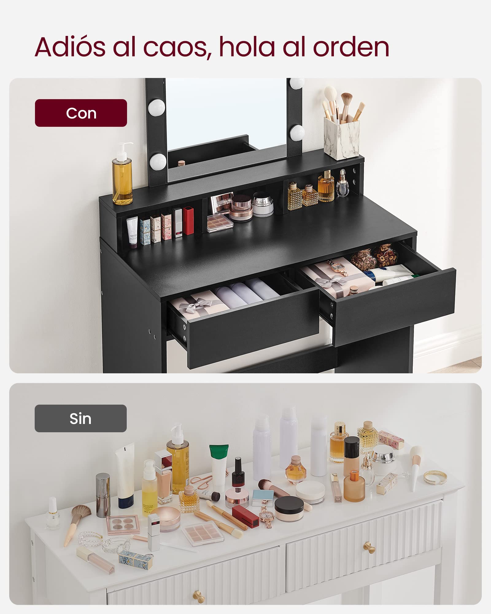 VASAGLE Adjustable LED Light Vanity Makeup Table with Mirror, 2 Drawers & 3 Storage Compartments - Modern Black Dressing Table for Bedroom RDT114T16 | Perfect for Makeup Application, Skincare Routine & Home Decor