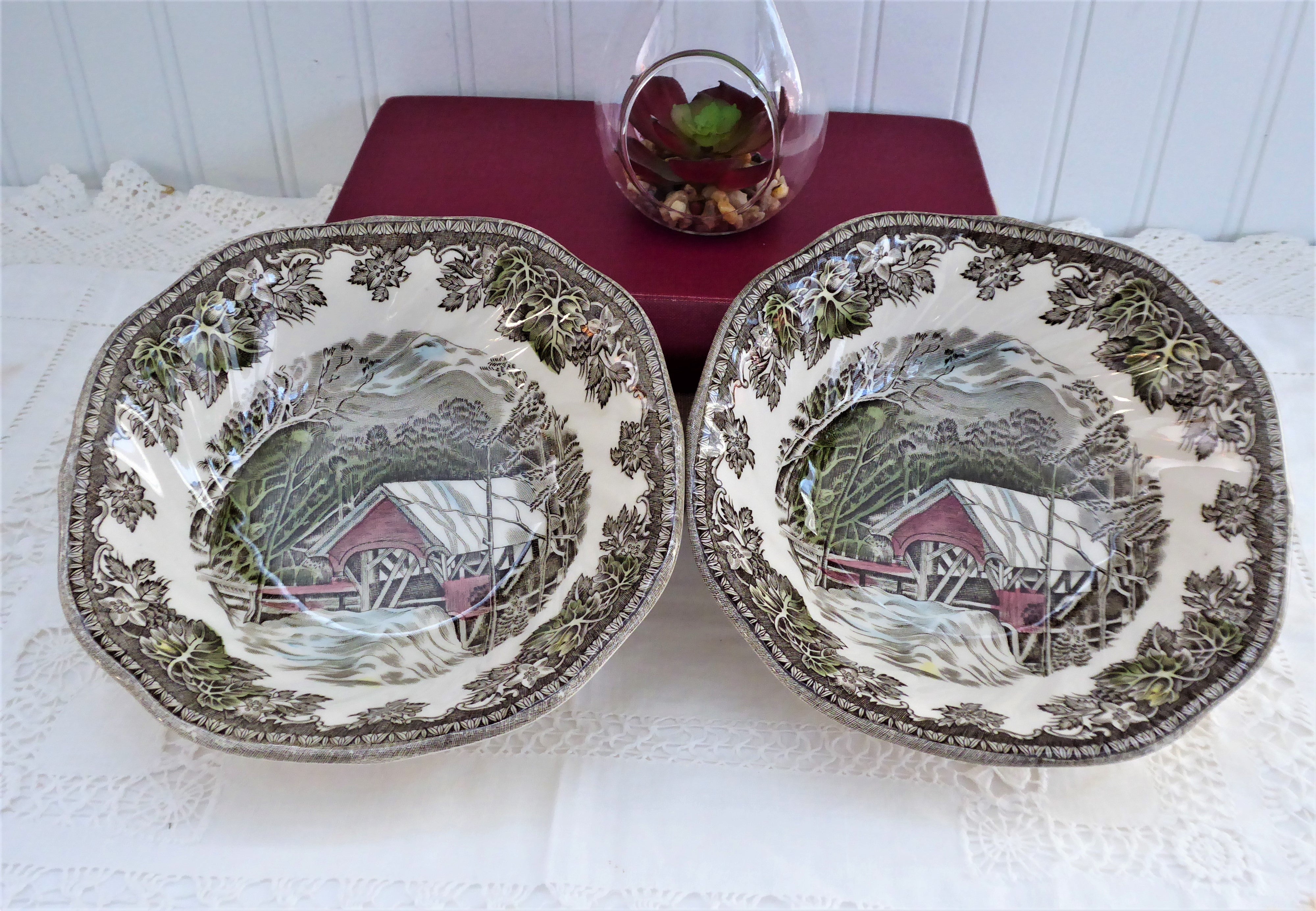 Johnson Brothers Friendly Village Square Cereal & Soup Bowls Set of 2 - Vintage 1950s English Countryside Design - Perfect for Breakfast, Soup, or Display