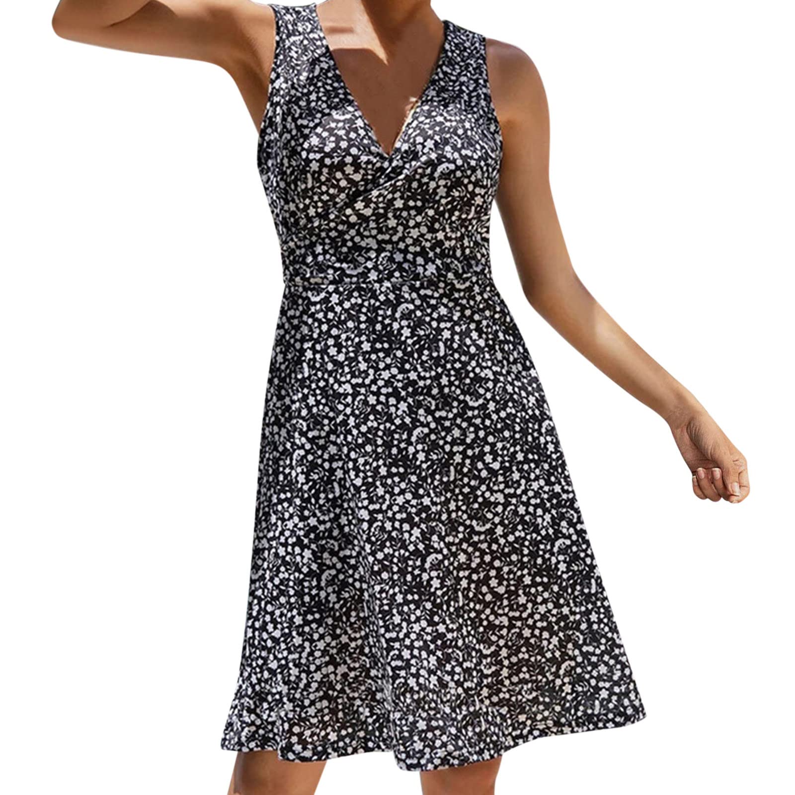 Black Midi Dress for Women - Summer Casual Fashion V-Neck Sleeveless Dress with All-Match Printing, Elegant & Loose Fit | Perfect for Beach Vacations, Date Nights & Office Wear