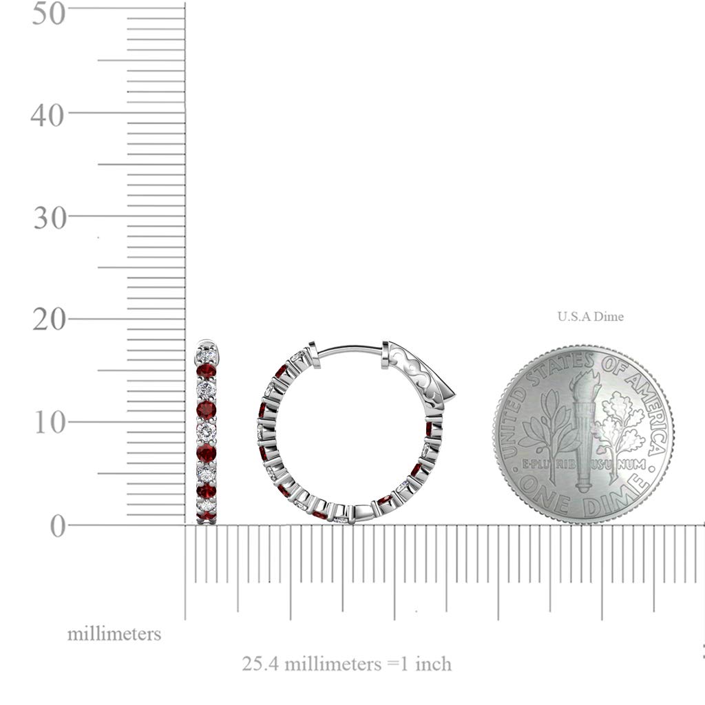 14K White Gold Red Garnet & Natural Diamond Inside-Out Hoop Earrings 0.80 ctw - Perfect for Weddings, Parties & Special Occasions