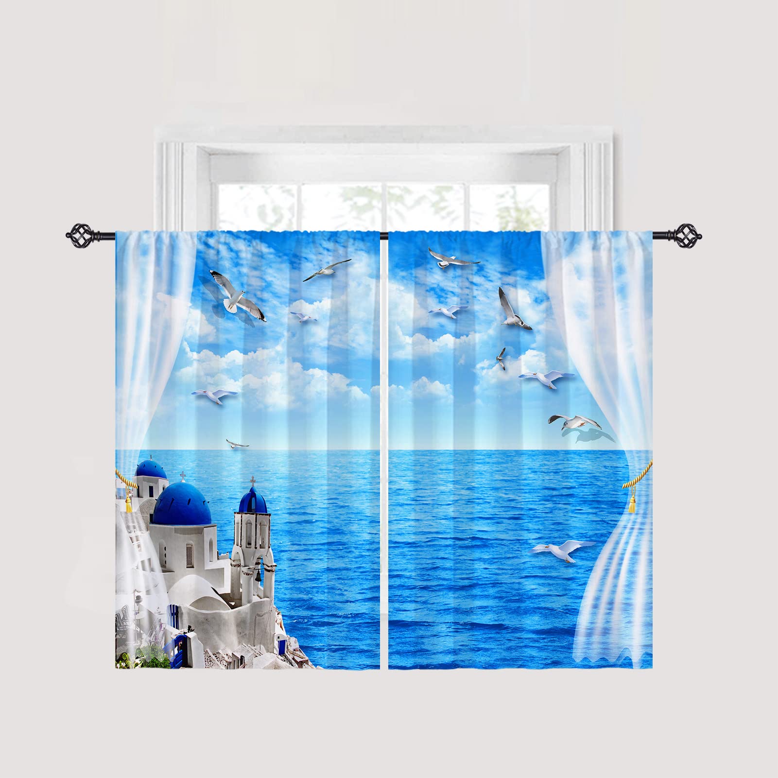 ANHOPE Blackout Curtains 27.5 x 39 Inch - Aegean Sea Blue Sky White Clouds Seagull Print Window Drapes, Rod Pocket Room Darkening Panels for Bedroom, Kitchen & Bathroom - Perfect for Coastal Decor, Vacation Homes & Light-Sensitive Sleepers