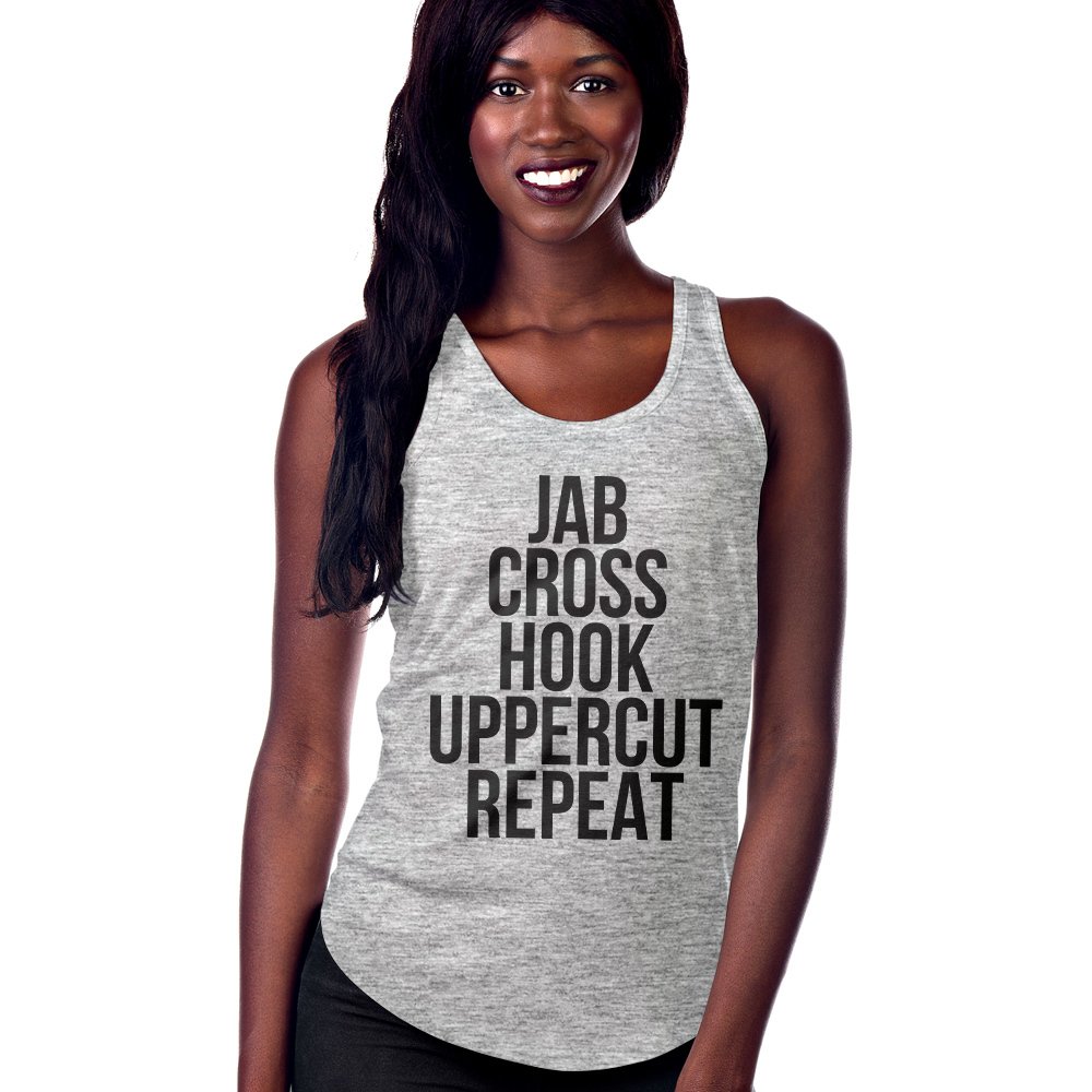 Jab Cross Hook Uppercut Repeat Grey Workout Tank Top with Scallop Hem - Perfect for Boxing Training, MMA Workouts & Gym Sessions