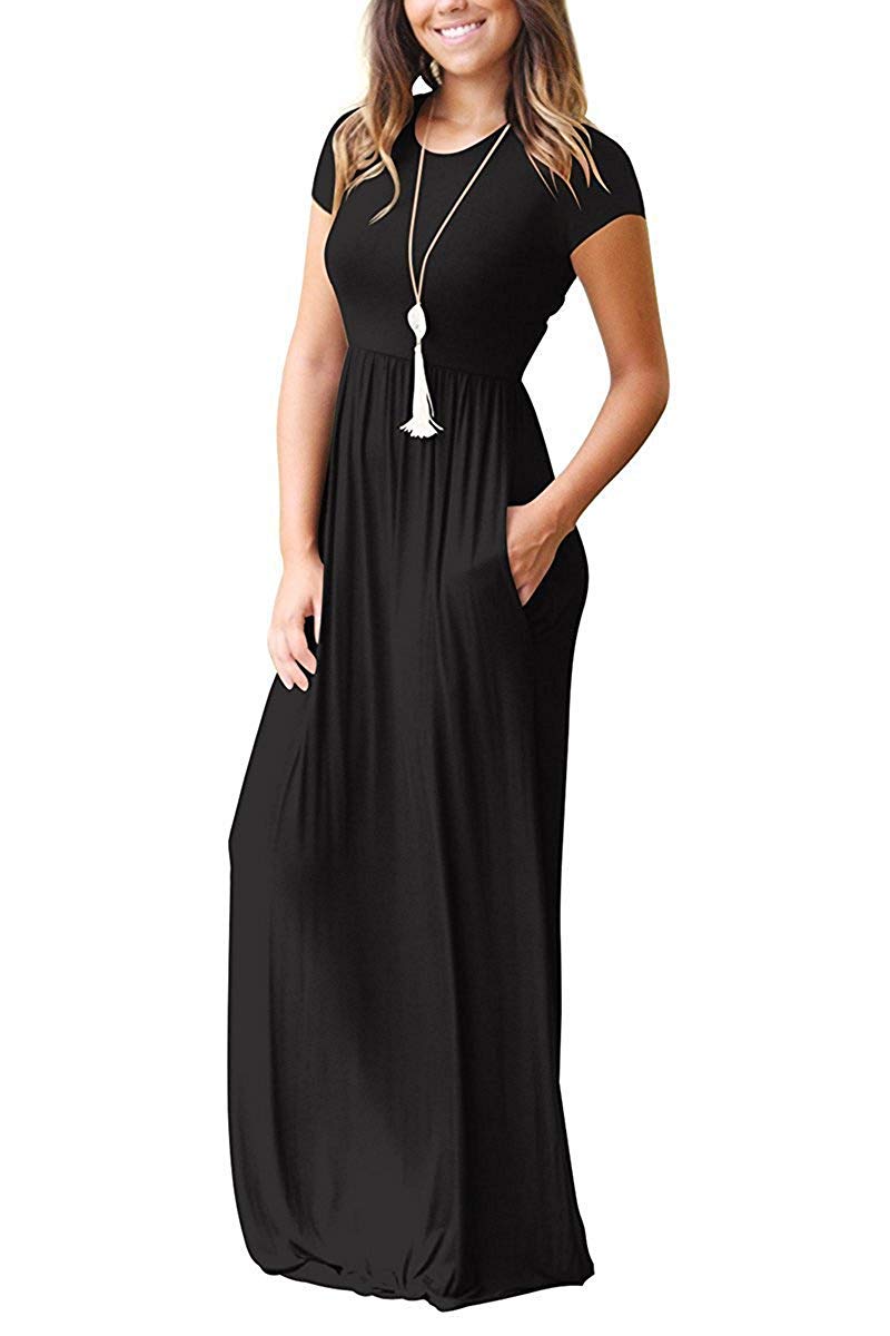 MISFAY Women's Casual Short Sleeve Loose Plain Maxi Dress with Pockets - Summer Beach Long Dress for Vacation, Outdoor, and Daily Wear