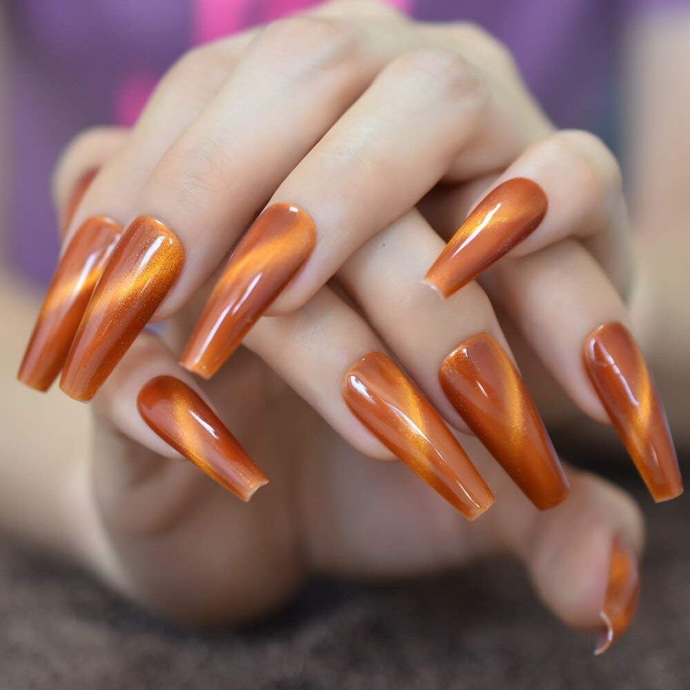 Glossy Handmade Cat Eye Extra Long Coffin False Nails - Dark Orange Press On Nails 20pcs Set - Flat Ballerina Fake Nails for Salon, Manicure & Party Wear
