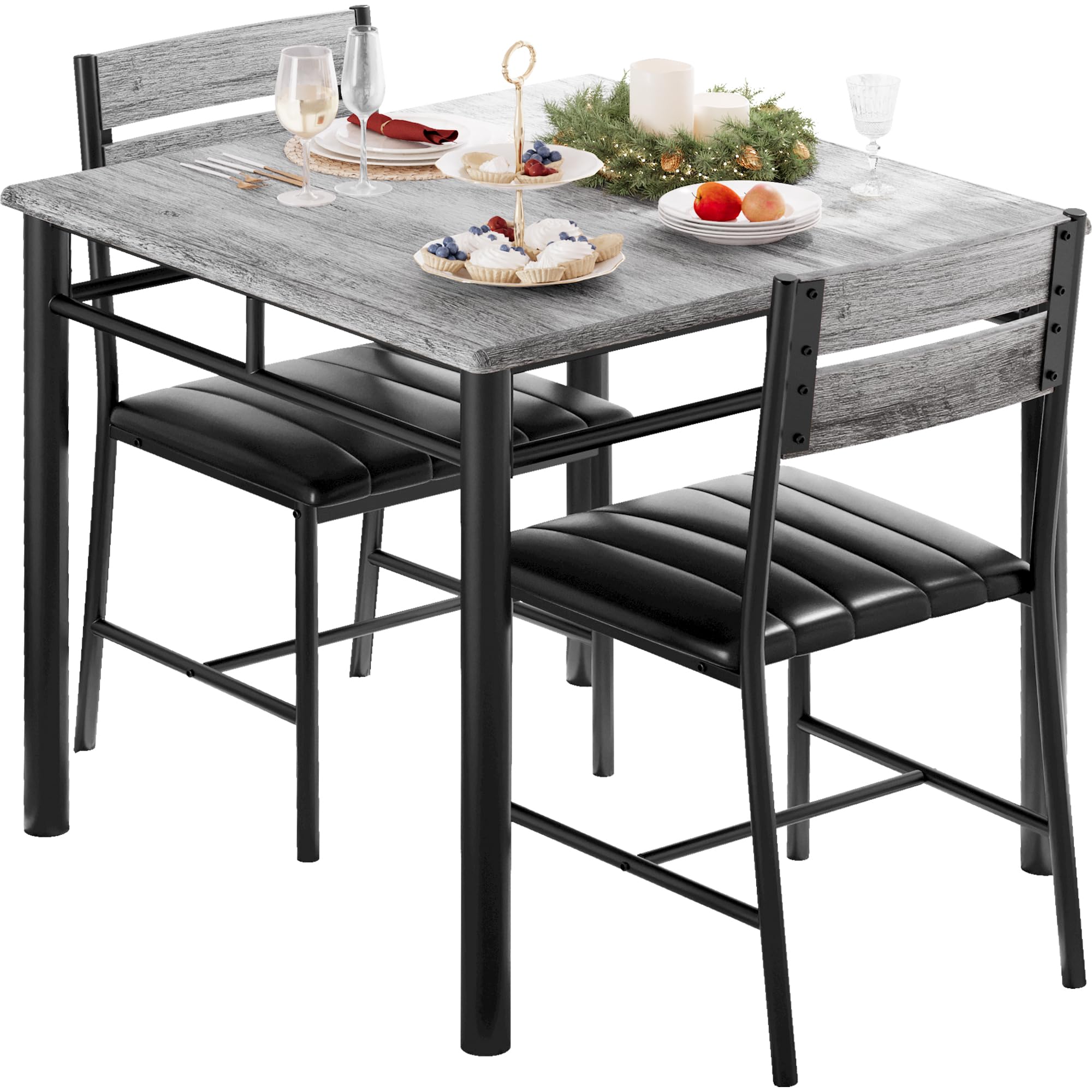 IRONCK 2-Person Dining Table Set with Upholstered Chairs - Compact Kitchen Table for Small Spaces, Gray - Perfect for Apartments, Breakfast Nooks & Cozy Dining Rooms