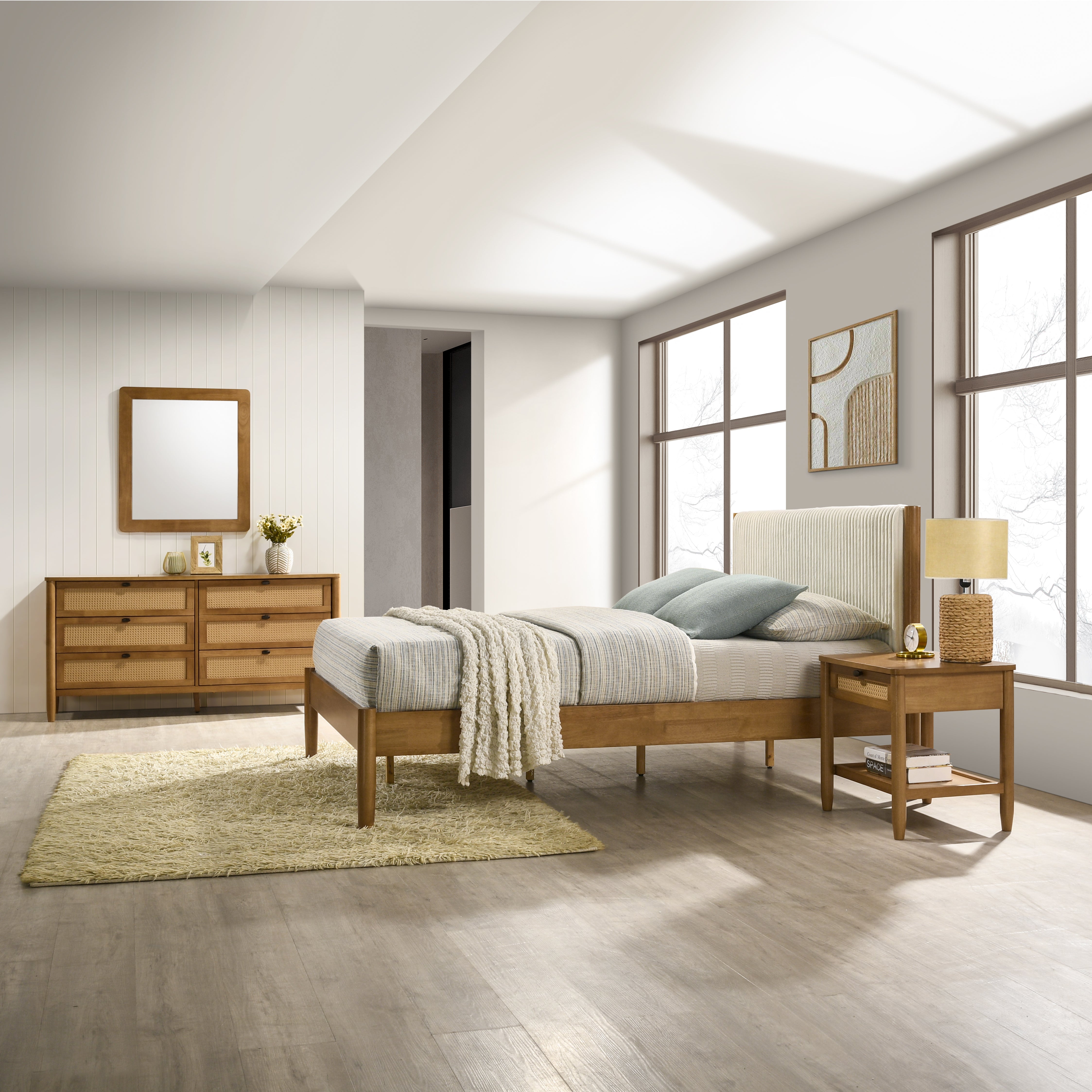 Roundhill Furniture Vichy 4-Piece Rubberwood Bedroom Set - Queen Upholstered Bed, Dresser, Mirror & Nightstand | Solid Wood Furniture for Master Bedroom, Guest Room & Apartment