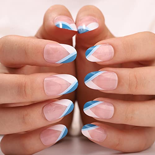 Jerany French Press on Nails - 24PCS Glossy Medium Fake Nails with Blue & White Line Design, Pink Oval Acrylic Full Cover False Nails for Women and Girls | Perfect for Parties, Weddings, and Everyday Wear