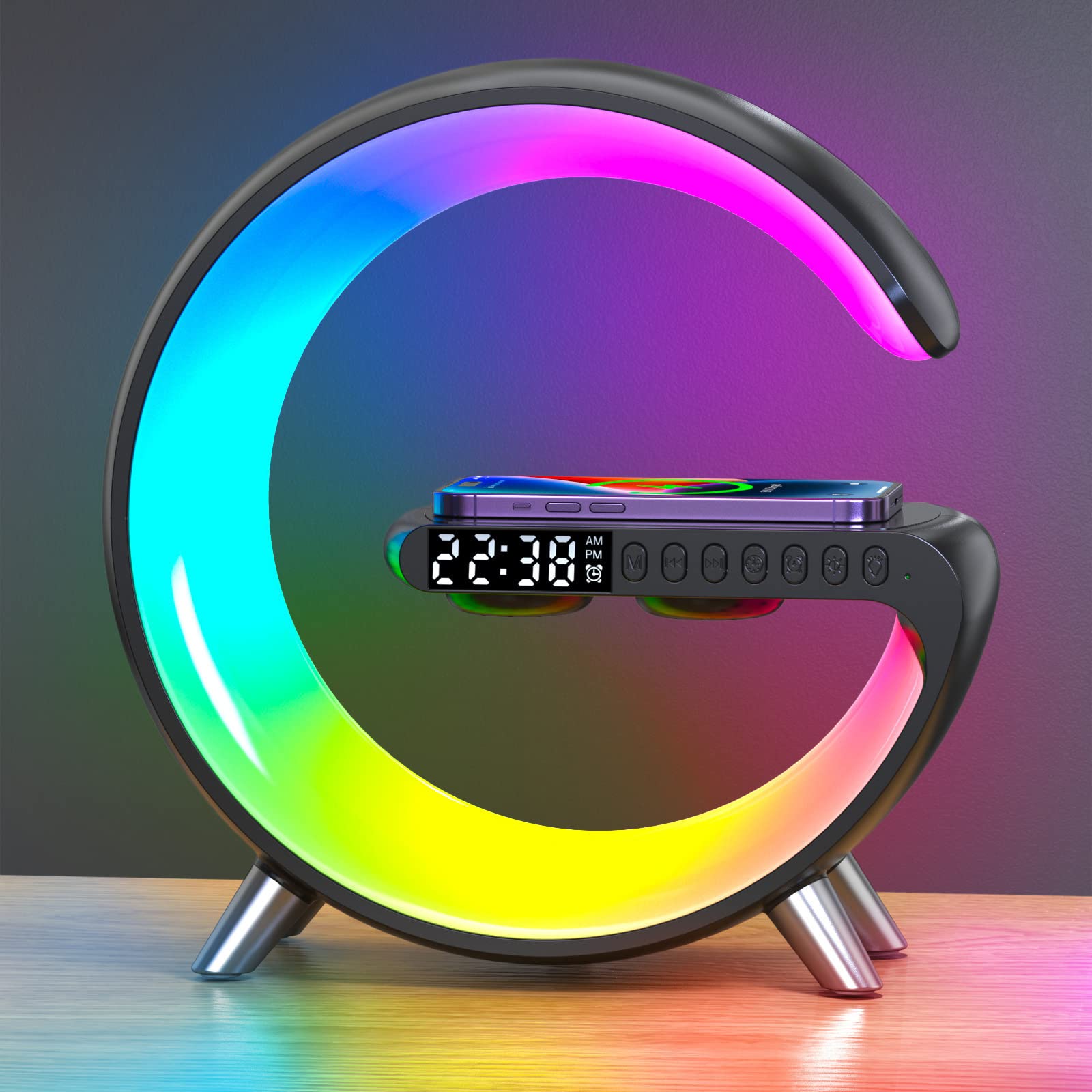 BKDRL Portable Bluetooth Speaker with Wireless Charger - Mini Wireless Speaker, RGB Night Light, Alarm Clock & Charging Station, App Control, Atmosphere Lamp (Black) | Perfect for Bedroom, Office, Travel & Home Decor