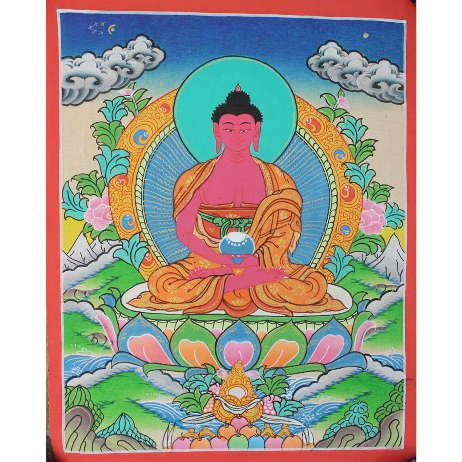 Amitabha Buddha Tibetan Thangka Painting - Handmade Buddhist Wall Art for Meditation & Spiritual Decor | Perfect for Home Altar, Yoga Studio & Gift