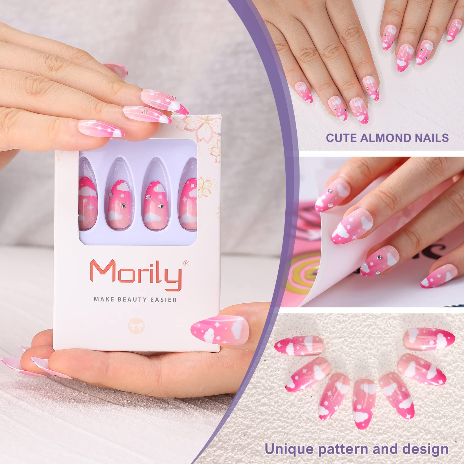 24PCS Medium Length Almond Press On Nails - Ombre Pink Acrylic Fake Nails with White Cloud & Crystal Design | Glossy Artificial Stick On Nails for Women | Perfect for Parties, Weddings & Everyday Manicures