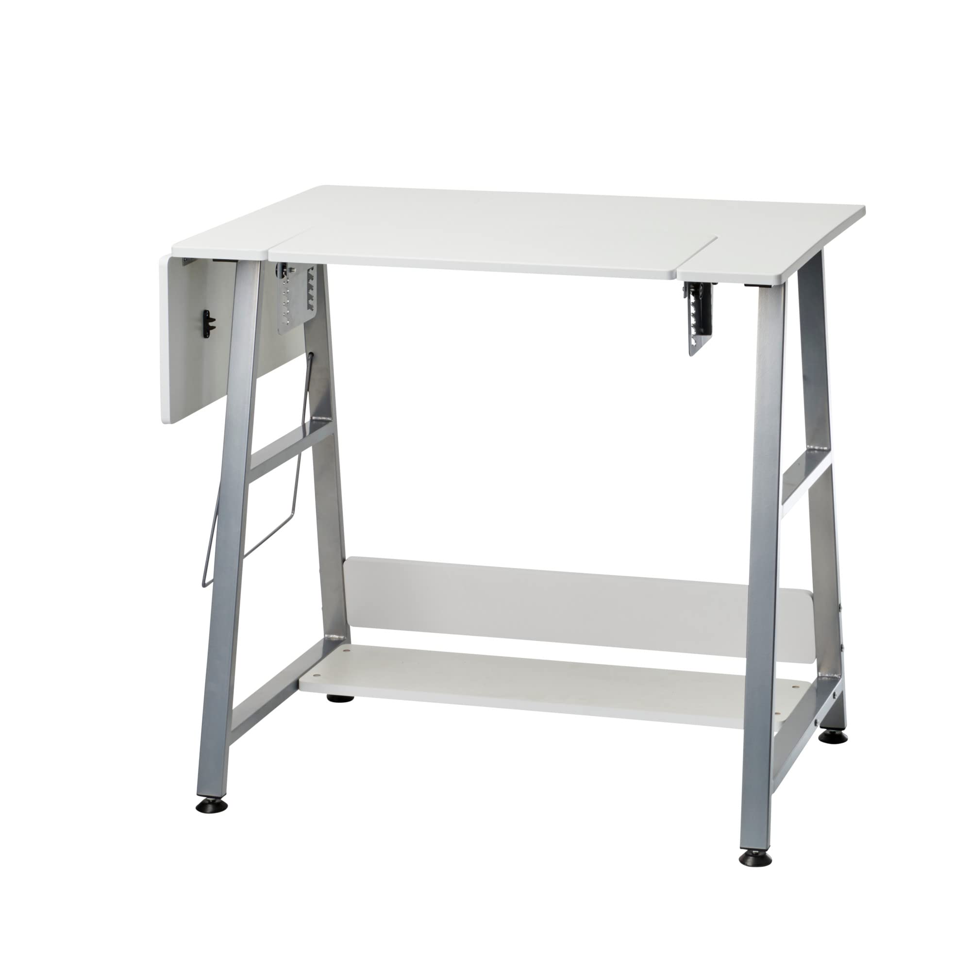 Adjustable Small Sewing Table with Drop Leaf Extension - White & Silver Sewing Machine Table with Storage Shelf | Perfect for Quilting, Crafting & Home Office Use - WC1013