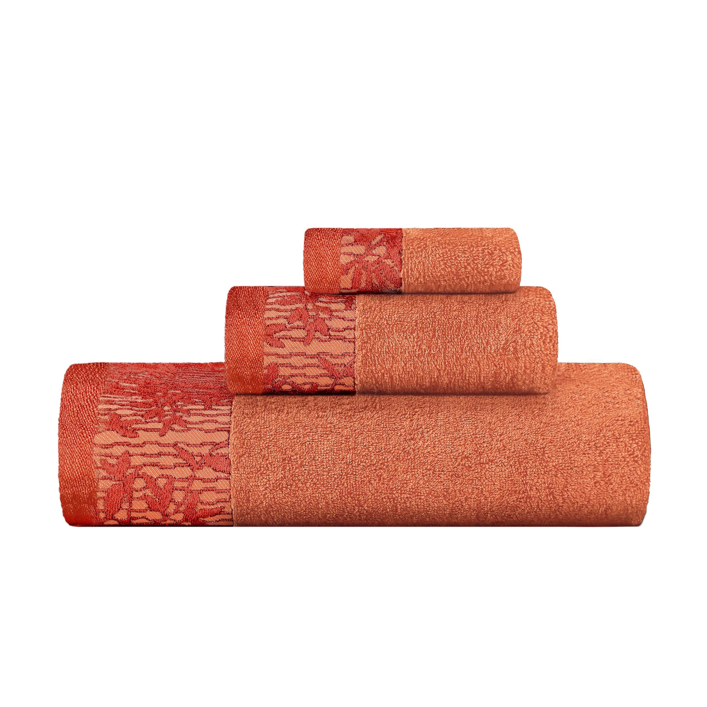 Wisteria Cotton Floral Embroidered Jacquard Border 3-Piece Bath Towel Set - Soft & Absorbent for Bathroom, Spa, and Guest Use