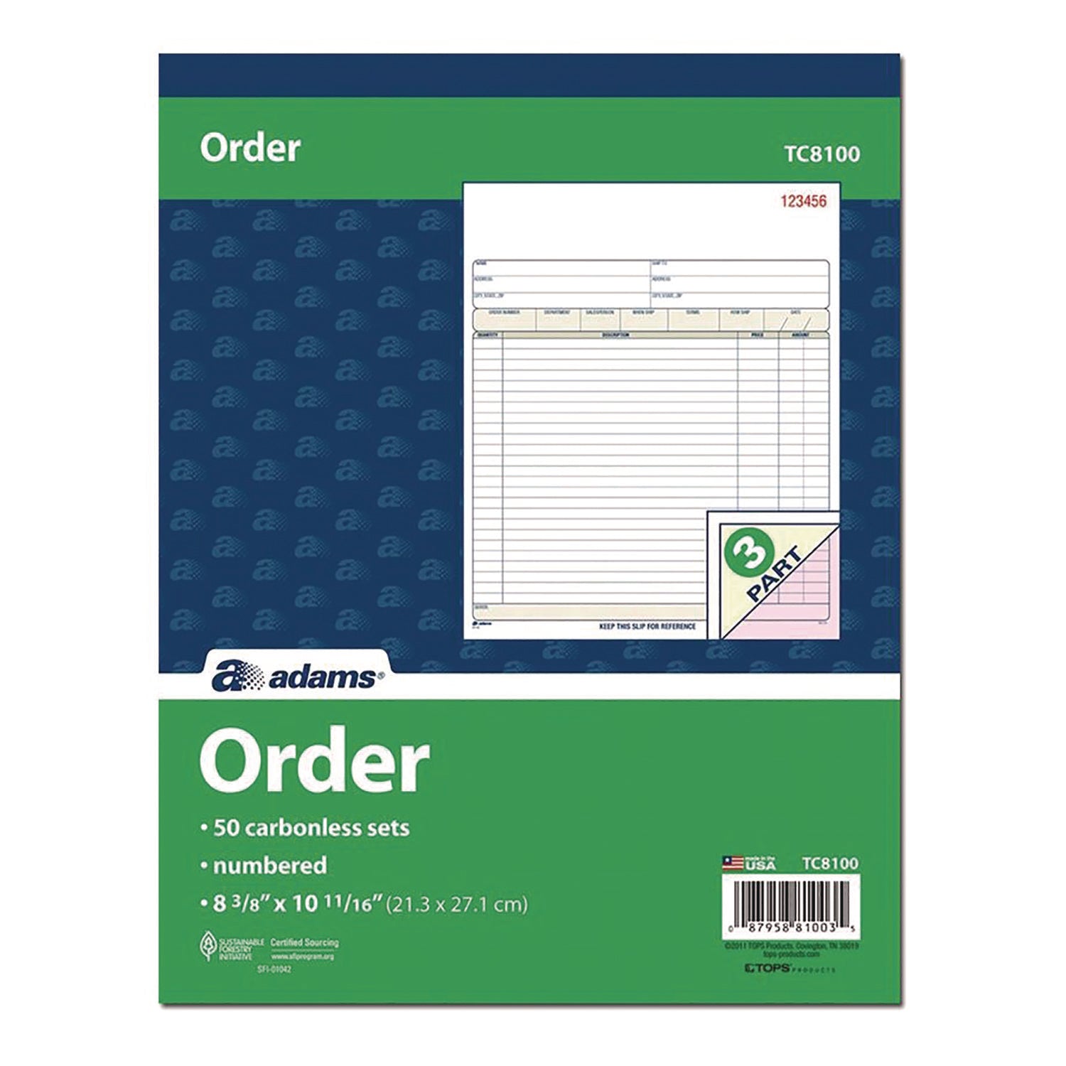 Adams® Multipart Sales Order Pad - 3-Part Carbonless Forms, 8.34