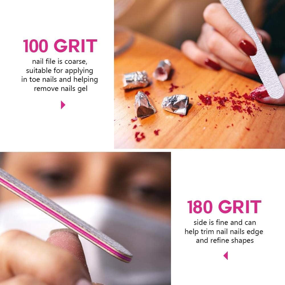 Gleevia 10Pcs Professional Nail Files Set - 100/180 Grit for Natural & Acrylic Nails - 5 Shape Manicure & Pedicure Kit for Home & Salon Use