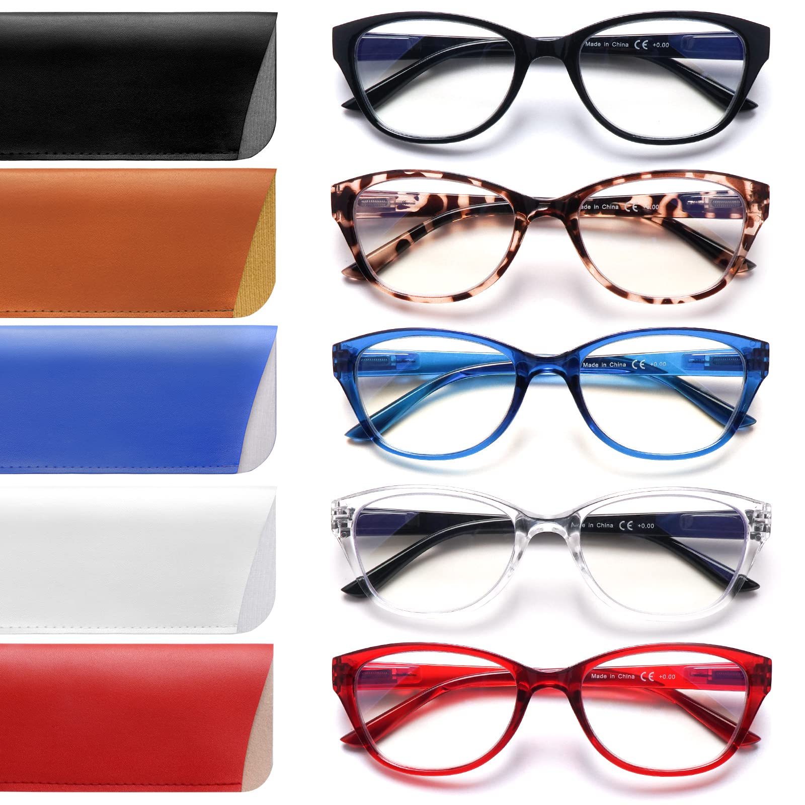 COJWIS 5 Pack Blue Light Blocking Reading Glasses for Women - Anti Eye Strain Computer Readers with Spring Hinge - Perfect for Office Work, Screen Time & Reading Books