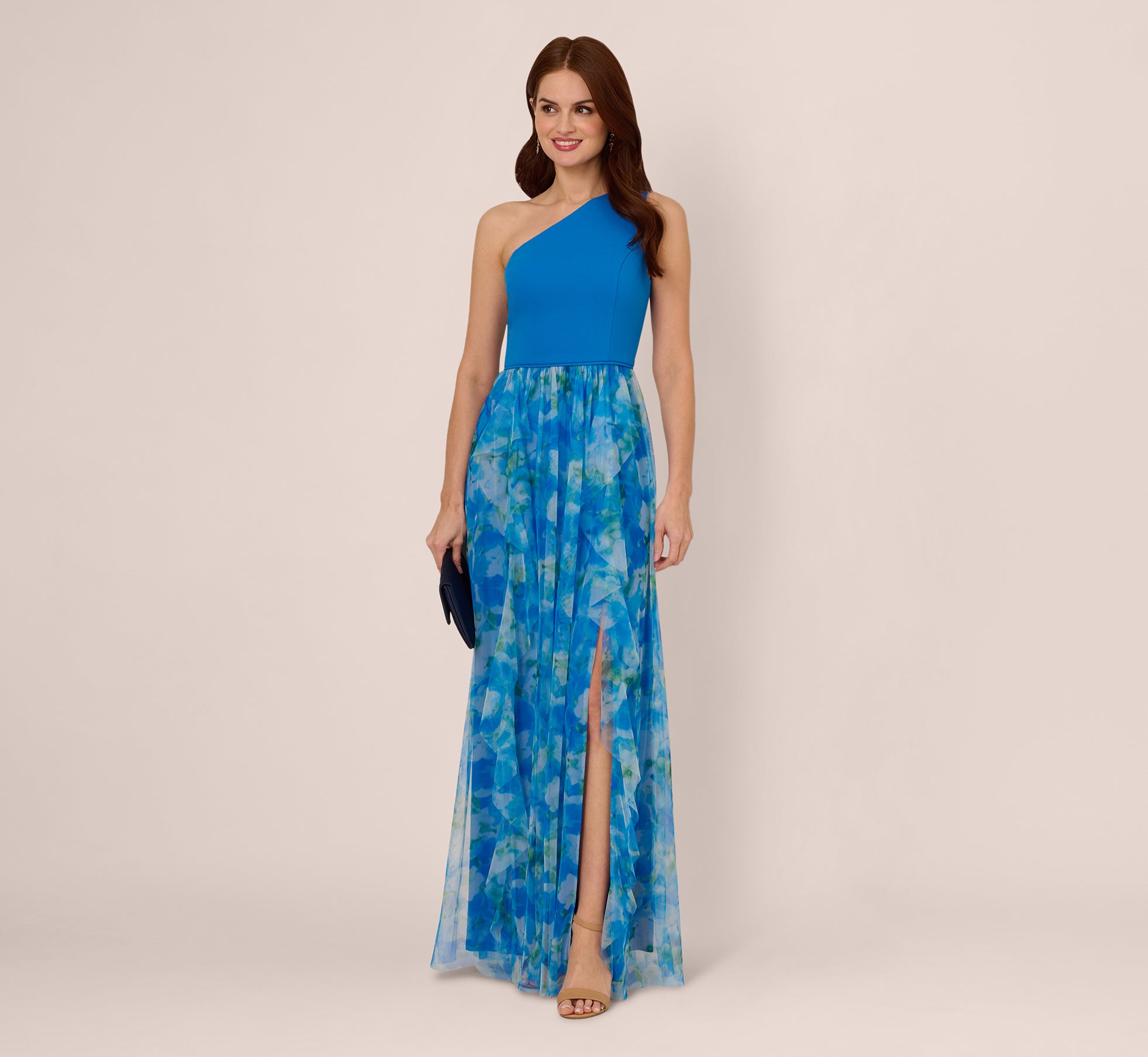 Elegant One Shoulder Watercolor Blue Multi Gown - Perfect for Evening Dresses, Prom, Cocktail Parties & Special Occasions