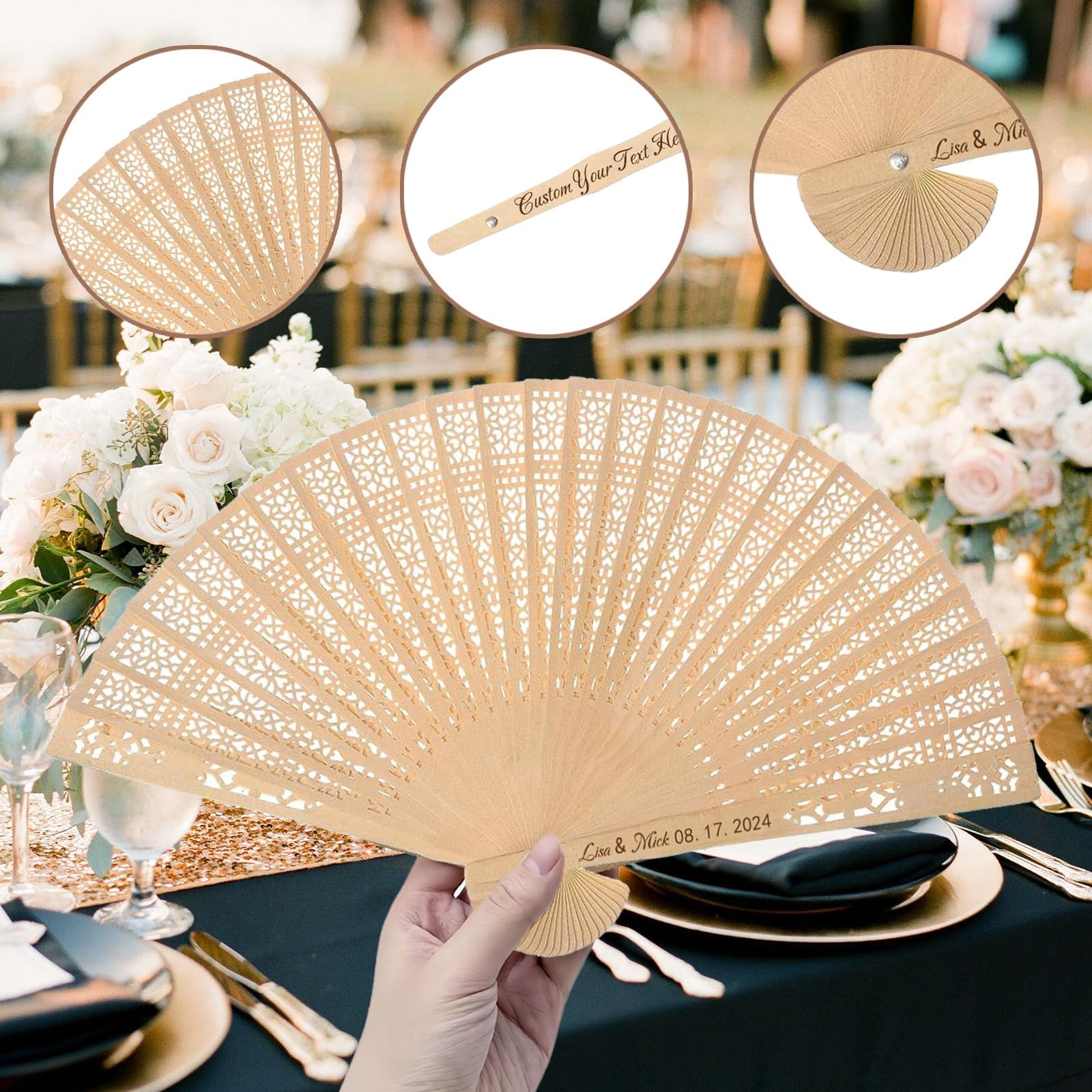 100Pcs Personalized Sandalwood Wedding Folding Hand Fans - Custom Printed Wedding Party Favors with Organza Bags - Elegant Guest Gifts for Outdoor Ceremonies, Beach Weddings & Summer Events (100 Count)