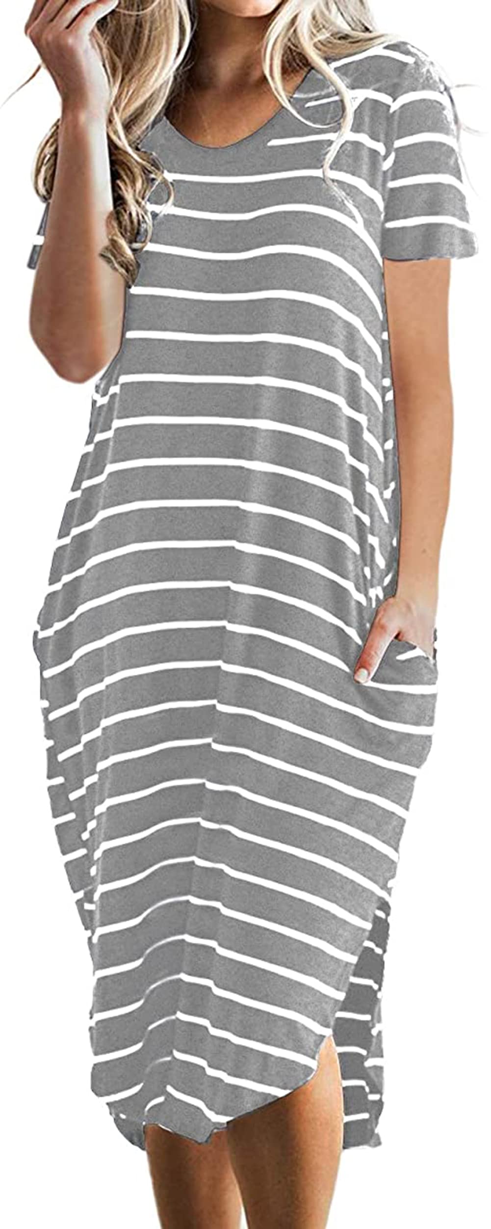PALINDA Women's Striped 3/4 Sleeve Oversized Boho T-Shirt Dress with Pockets | Casual Midi Dress for Summer, Beach, Travel & Everyday Wear
