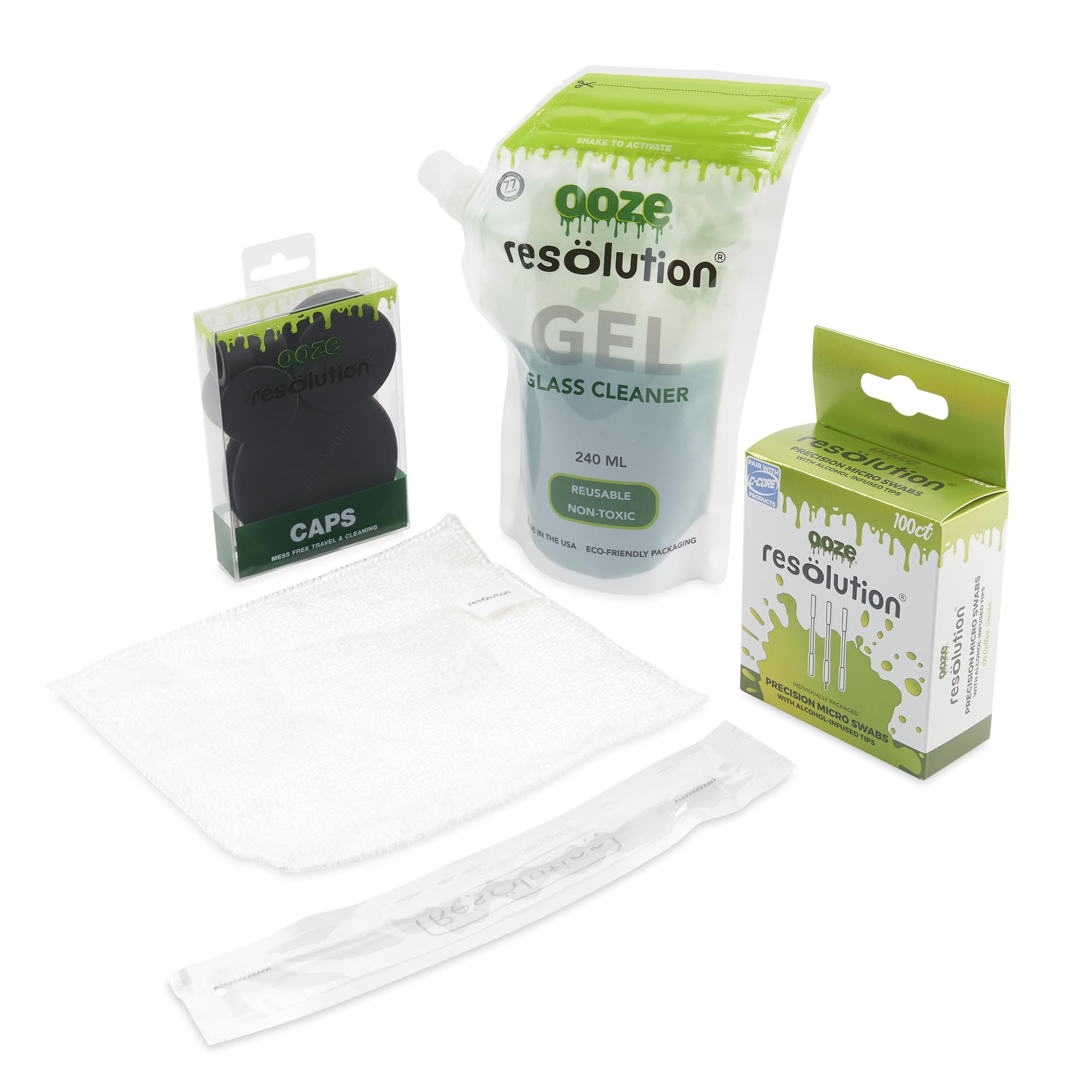 RESÖLUTION Ooze Resolution Glass Cleaner Kit - Spotless Cleaning Bundle (1 Gel Pack, Caps, Cotton Swabs & Brush Cleaners) - Liquid Cleaning Solution for Bongs, Pipes & Glassware - Perfect for Daily Maintenance & Deep Cleaning