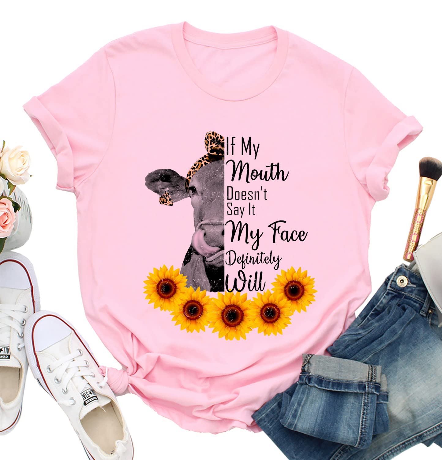 Women's Cute Cow & Sunflower Graphic T-Shirt - Casual Short Sleeve Letter Print Tee for Summer | Perfect for Farm Visits, Outdoor Activities & Casual Wear