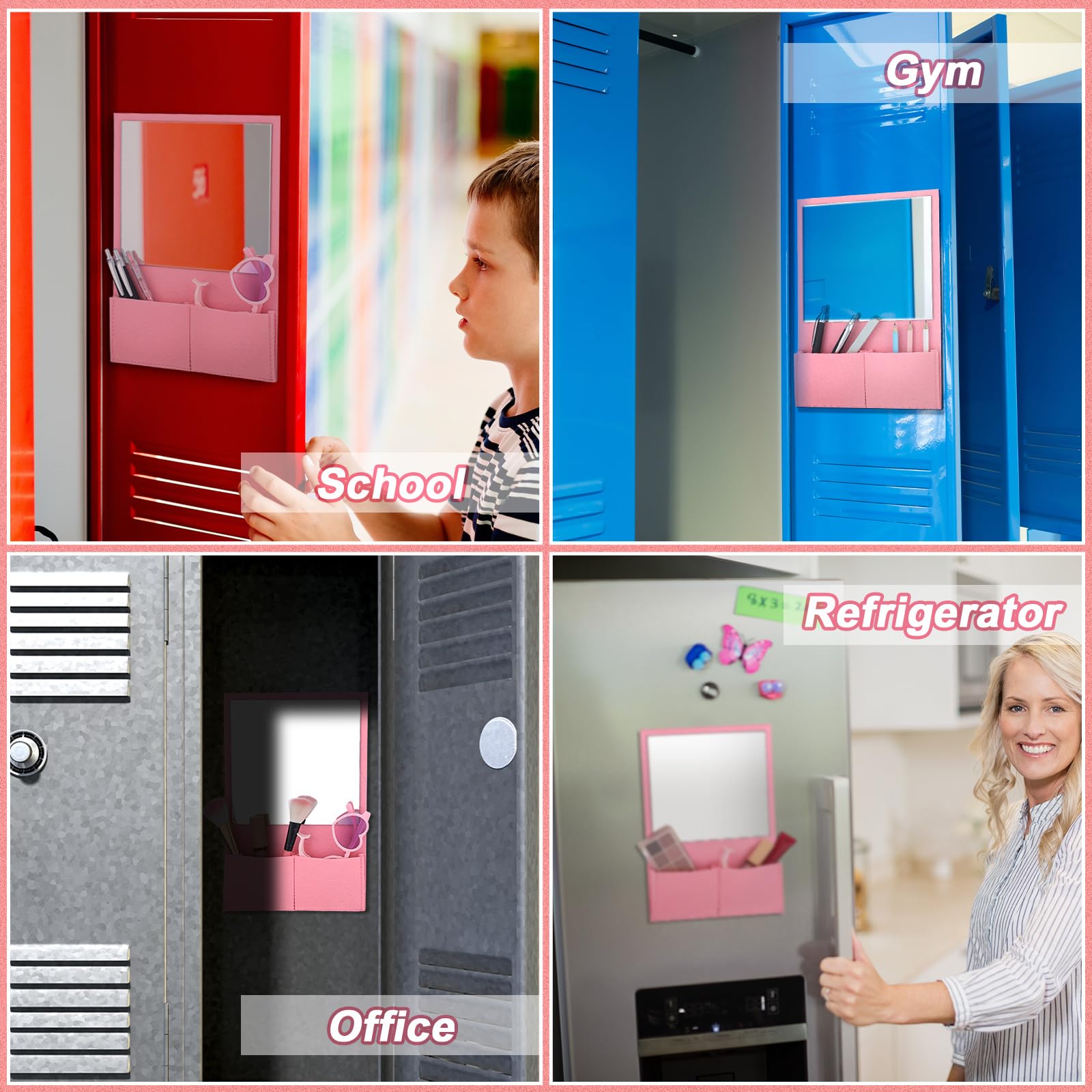 7 x 6.7 Inch Magnetic Locker Mirror with Holder Bag - Pink Small Magnetic Mirror for Lockers, Office, Cabinet, Bathroom & Refrigerator Organization - Perfect for Makeup, Grooming & Home Decor