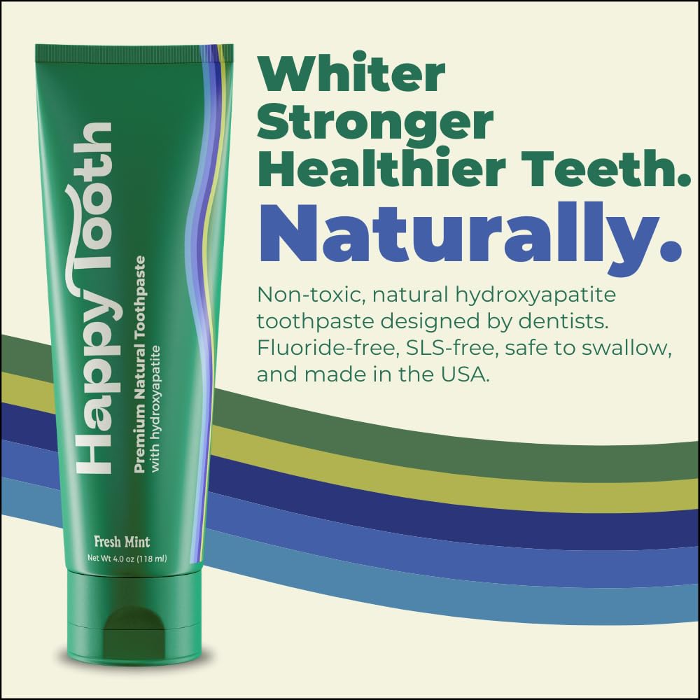 Happy Tooth Natural Hydroxyapatite Toothpaste - Fluoride Free, SLS Free Whitening Toothpaste for Sensitive Teeth - Dentist Recommended for Adults & Kids - Fresh Mint Flavor (4oz) | Gentle Daily Care for Whole Family