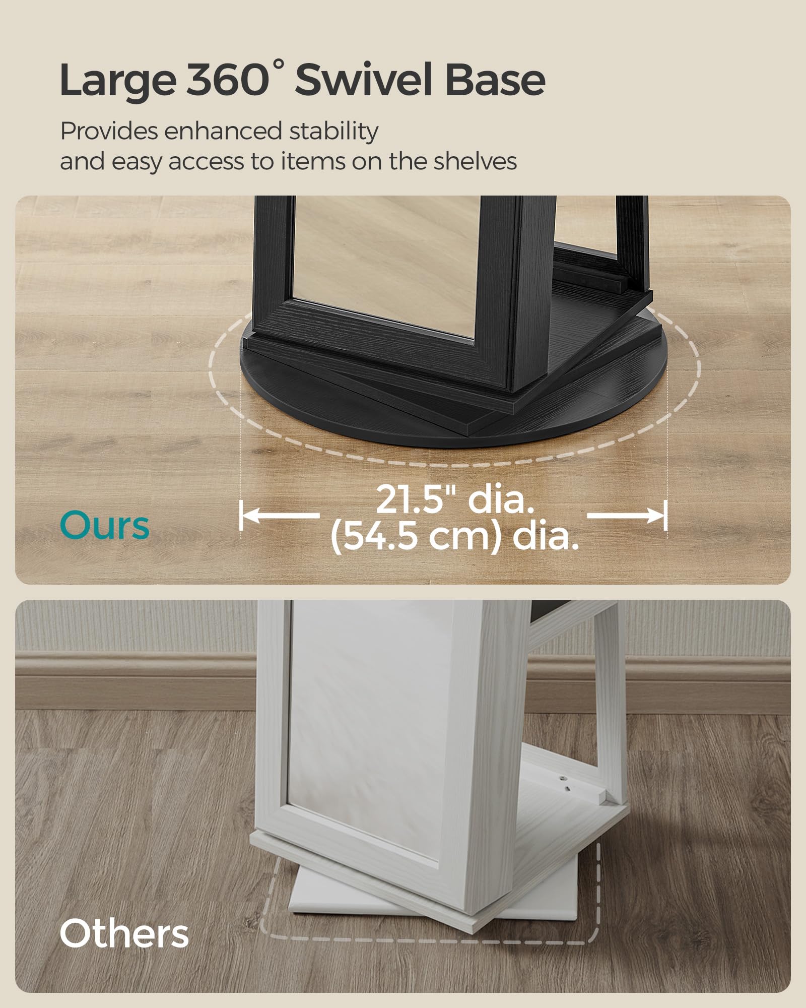 SONGMICS 360° Swivel Jewelry Cabinet with Full-Length Mirror - Lockable Jewelry Organizer with Interior Mirror & Storage Shelves - Jewelry Armoire for Bedroom, Closet or Dressing Room - Perfect Gift Idea (Black, UJJC006B01)