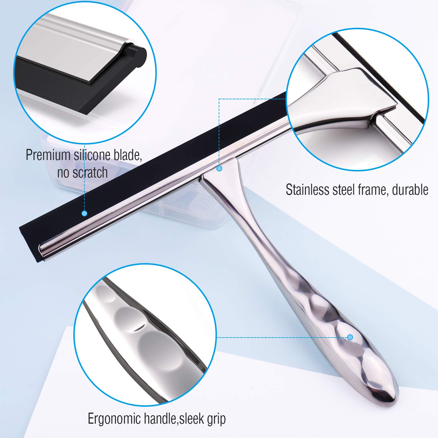 Stainless Steel Shower Squeegee - 14 Inch Bathroom & Car Window Cleaner for Shower Doors, Mirrors, Tiles - Includes 2 Hooks (Silver) | Perfect for Streak-Free Cleaning in Bathrooms, Kitchens & Vehicles