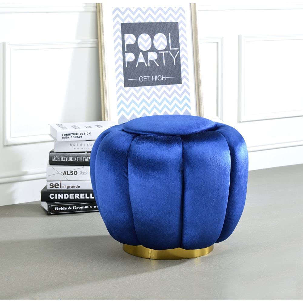 LYBJ Velvet Ottoman Round Stool - Fully Upholstered Seat with Metal Base | Blue Makeup Stool, Shoe Changing Bench, Entryway Decor | Perfect for Bedroom Vanity, Living Room & Entryway