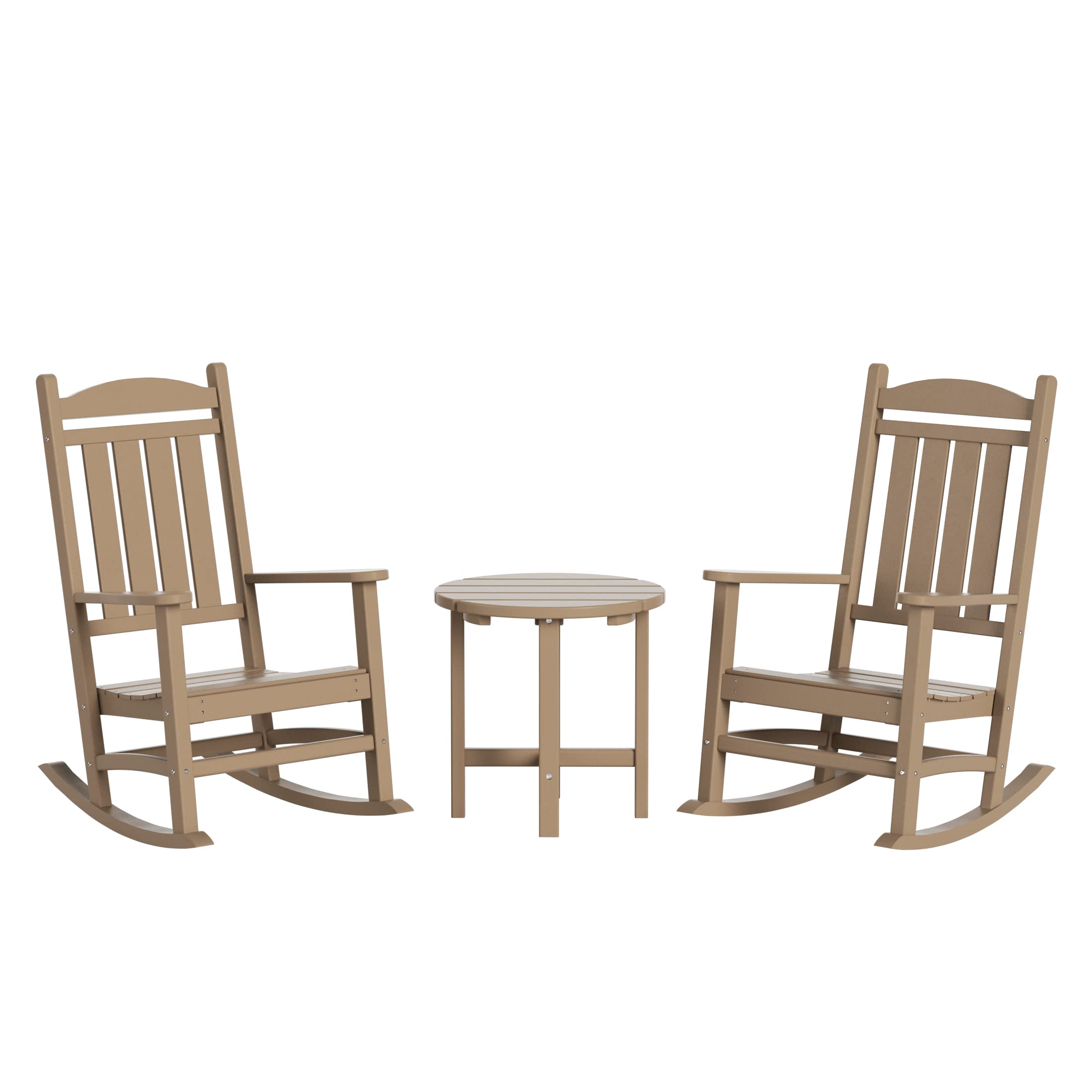 WO Home Furniture 3-Piece HDPE Outdoor Rocking Chair Set - Traditional Patio Rocking Chairs in Weathered Wood Finish - Perfect for Backyard, Garden, Porch & Poolside Relaxation