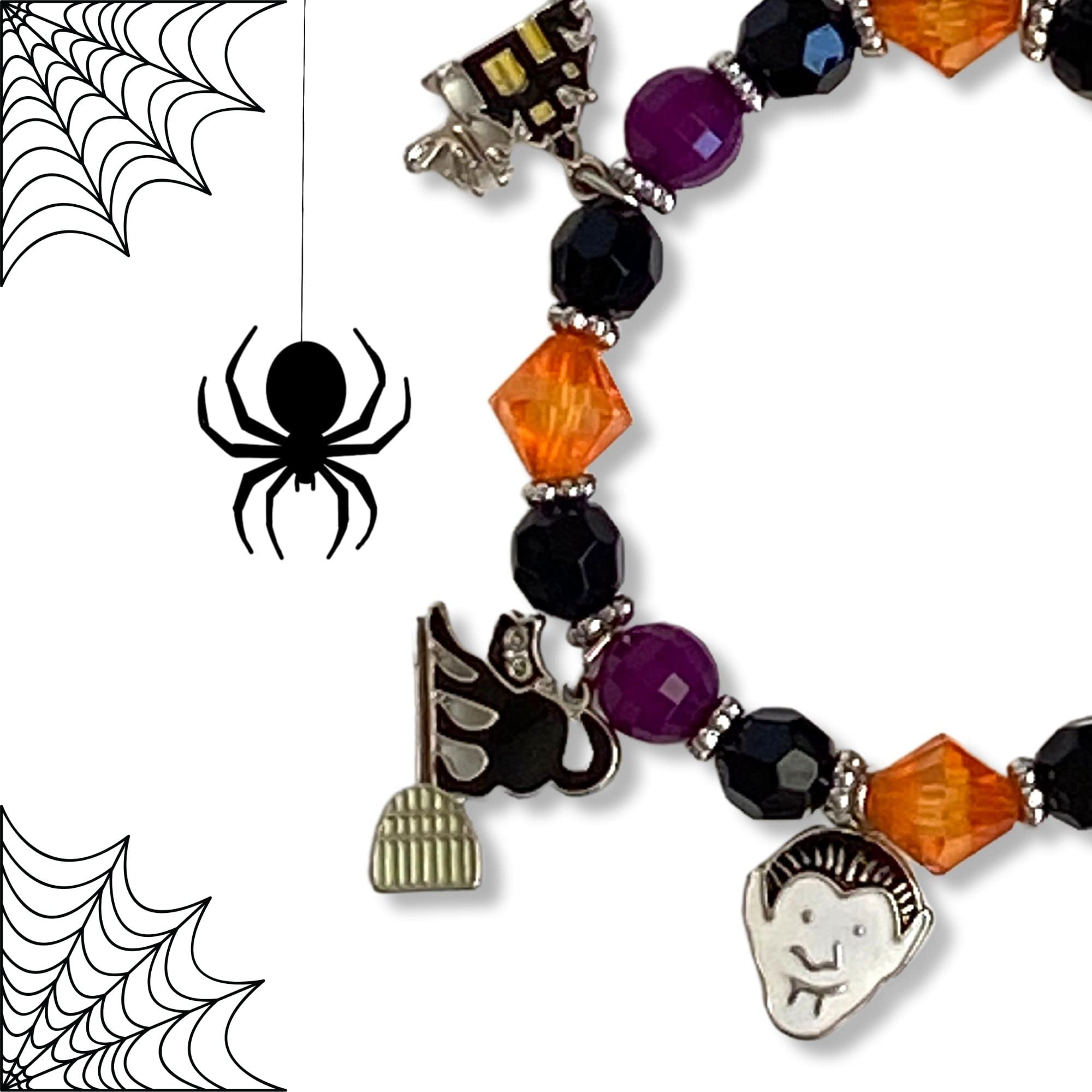 Halloween Bracelet for Women & Girls - Witch, Vampire, Bat, Ghost, Haunted House Design - Black, Purple, Orange Bead Stretch Bracelet - Perfect for Costume Parties, Trick or Treat, and Spooky Accessories