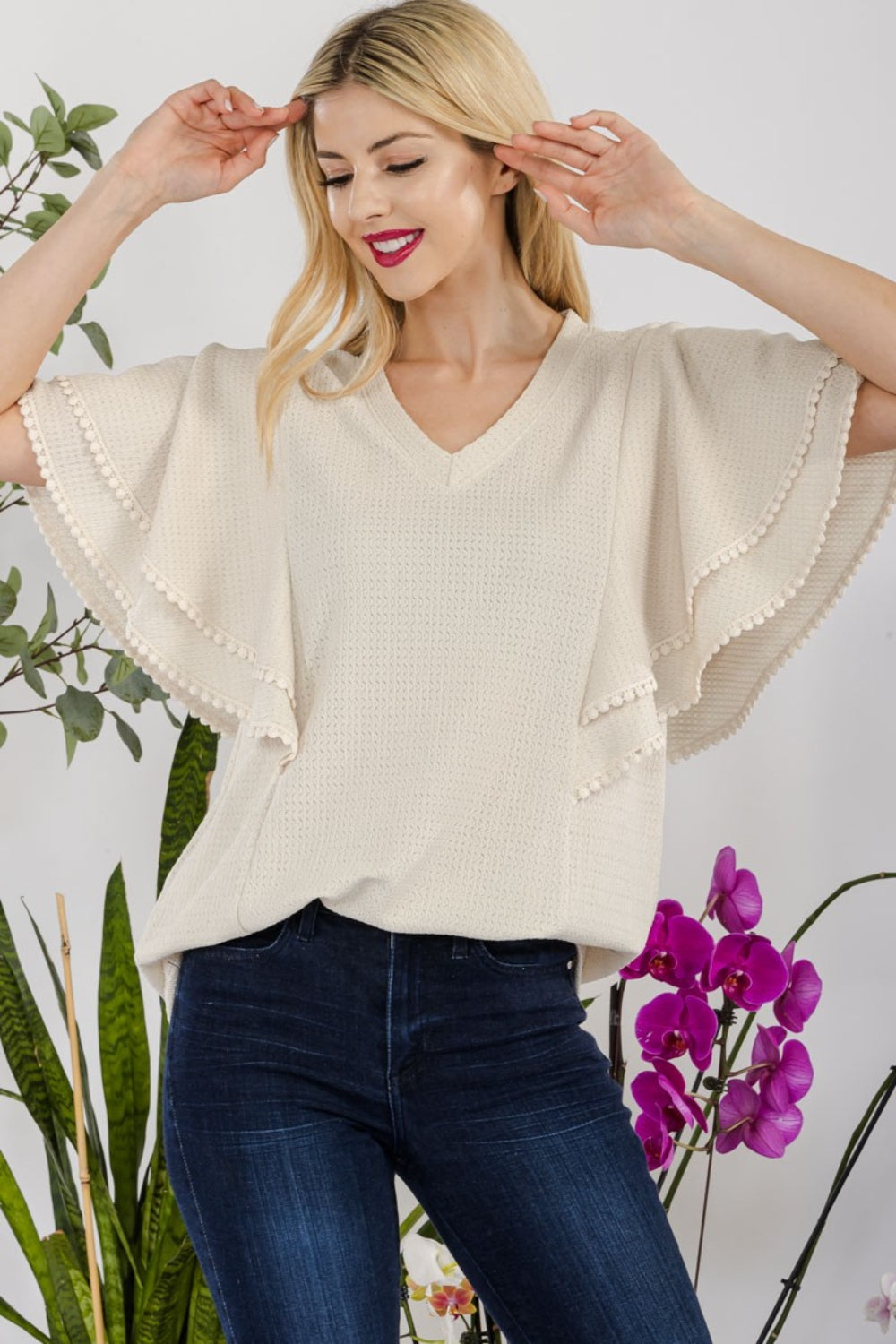 Celeste Women's V-Neck Lace Trim Flutter Sleeve Blouse - Elegant Flowy Top for Casual Wear, Date Night & Office Outfits