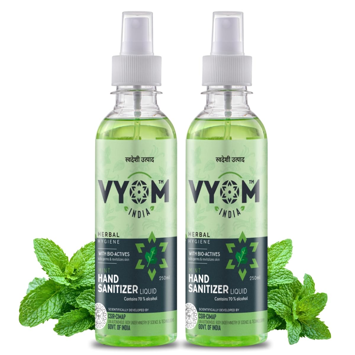 Vyom India 70% Alcohol Hand Sanitizer Spray - Herbal Mint Antibacterial Sanitizing Liquid for Hands, Skin-Friendly Formula - 250ml (Pack of 2) | Ideal for Travel, Office, School & Home Use