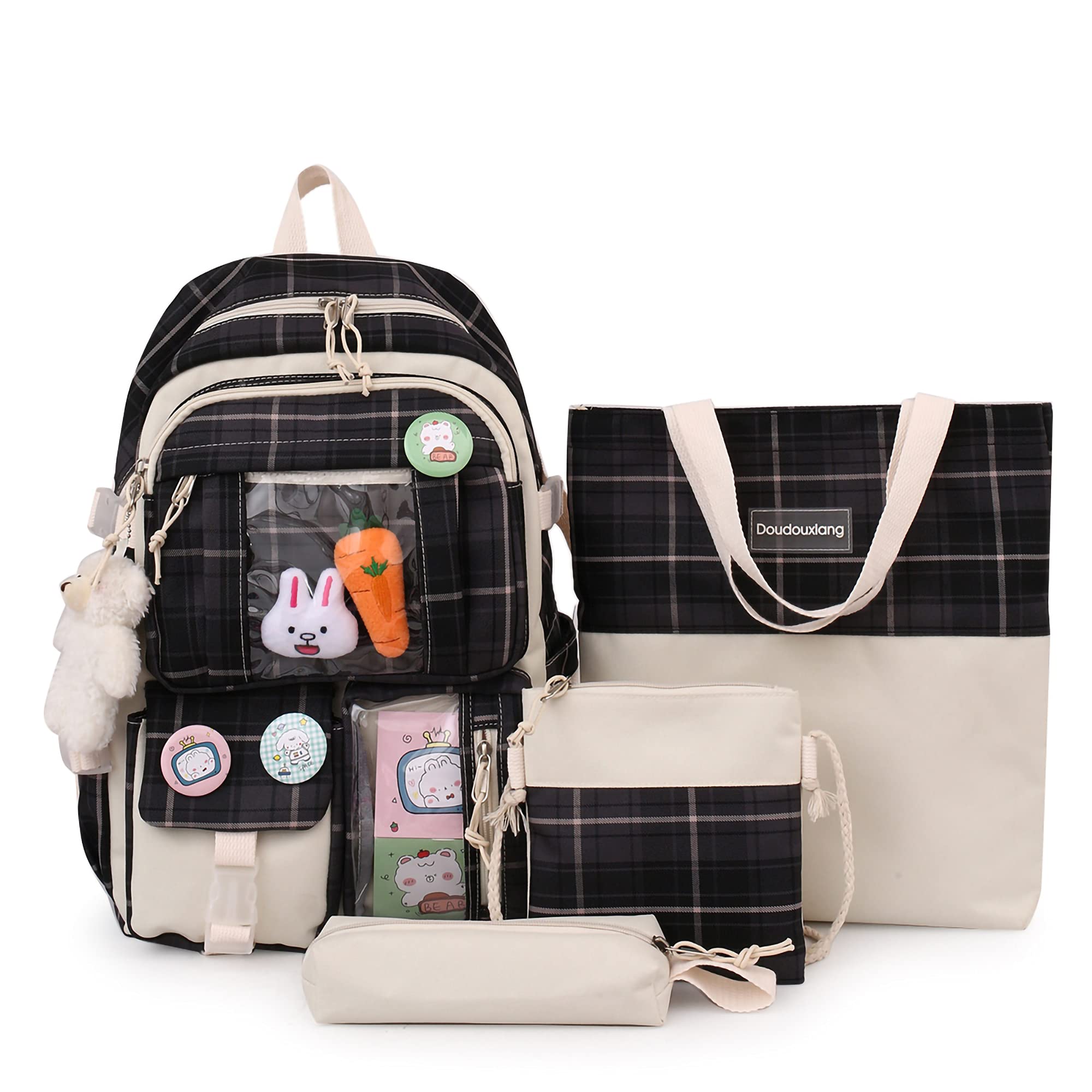 NATELEI Unisex Laptop Bookbag & School Backpack Set for Teens - 5 Piece Combo with Messenger Bag, Tote Bag, Pencil Case & Coin Purse (Black) - Perfect for School, College, Travel & Daily Commute