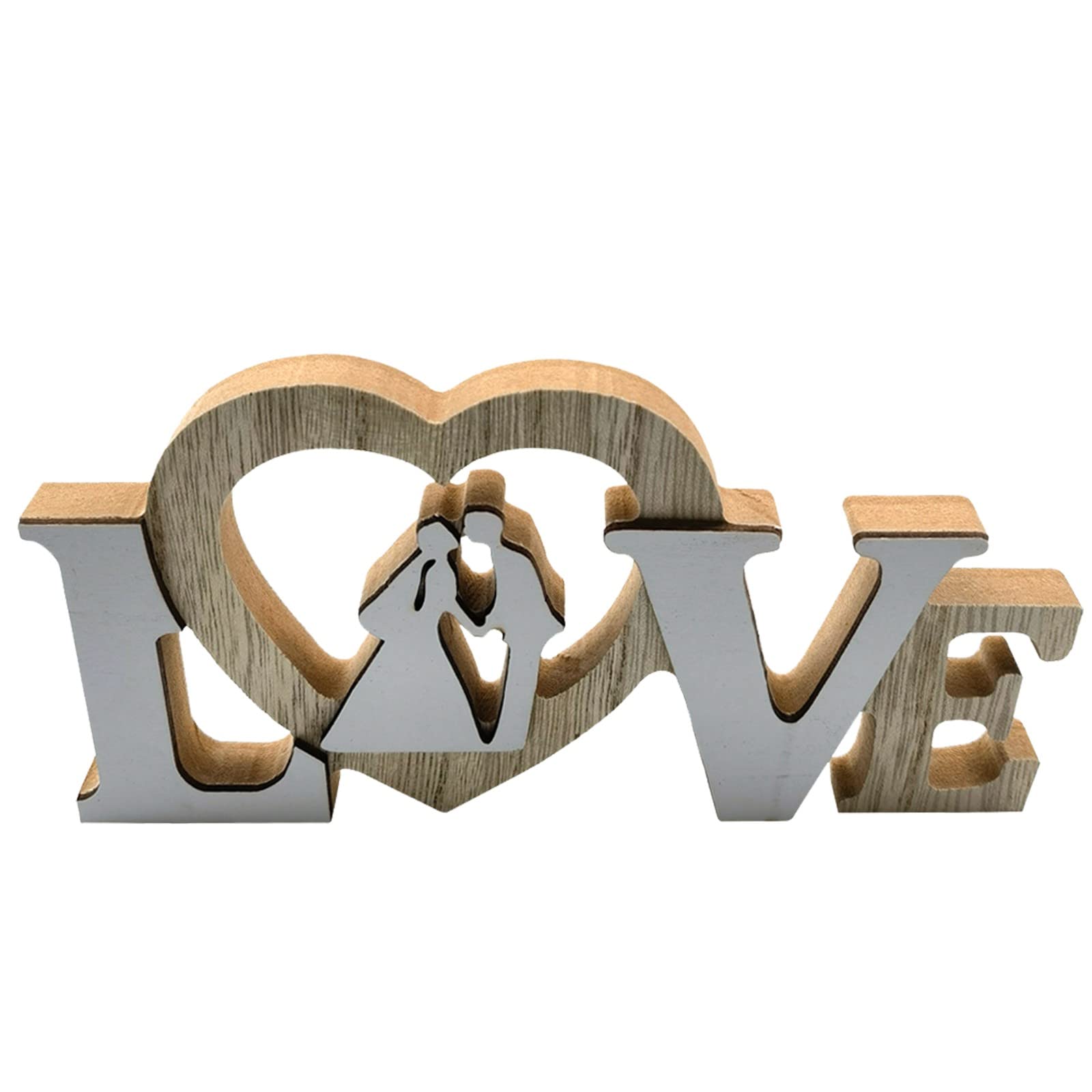 Rustic Wooden Love Sign - Freestanding Wall Decor for Home, Bedroom & Living Room - White Tabletop Decoration with Mini Ornament Tree Stand | Perfect for Wedding, Anniversary Gifts & Farmhouse Style Decor
