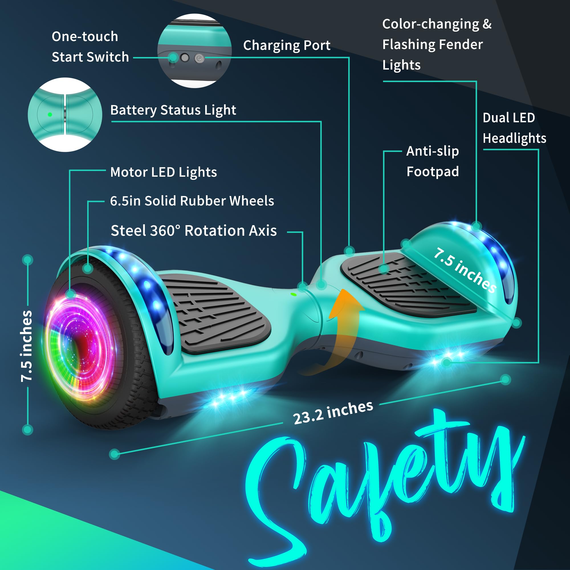 SISIGAD A12 Bluetooth Hoverboard with LED Lights - Self Balancing Scooter for Kids & Adults - Perfect for Commuting, Indoor & Outdoor Fun