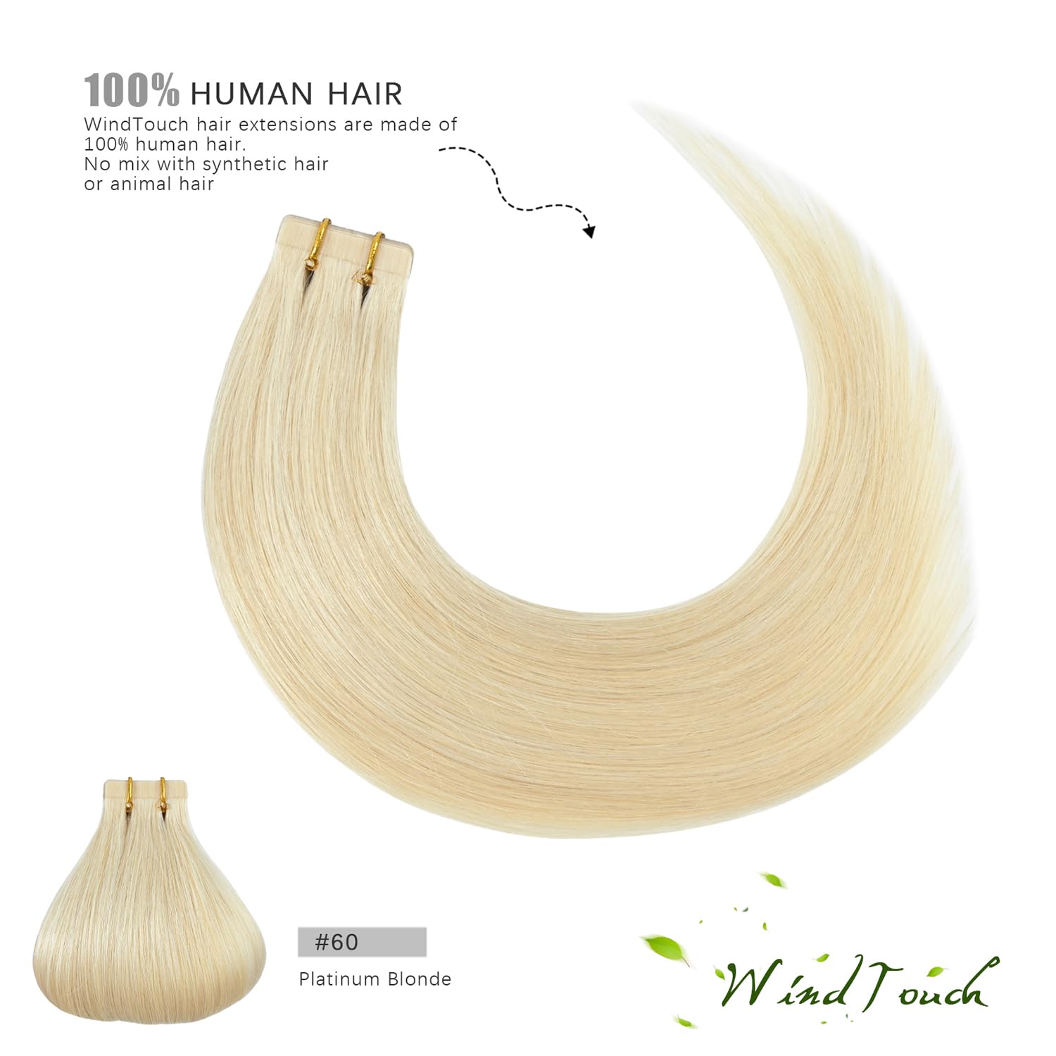 WindTouch 16 Inch Platinum Blonde Tape in Hair Extensions (20 Pcs) - 100% Human Hair, 30g Natural Invisible Tape Extensions for Volume & Length - Perfect for Daily Wear, Parties & Special Occasions
