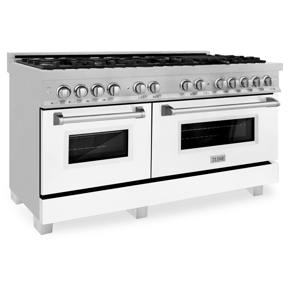 ZLINE 60-inch 7.4 cu.ft Dual Fuel Range with 9-Burner Gas Cooktop & 2 Electric Convection Ovens - Satin Stainless Steel with White Matte Doors (RAS-WM-60) | Professional Kitchen Appliance for Home Chefs & Cooking Enthusiasts