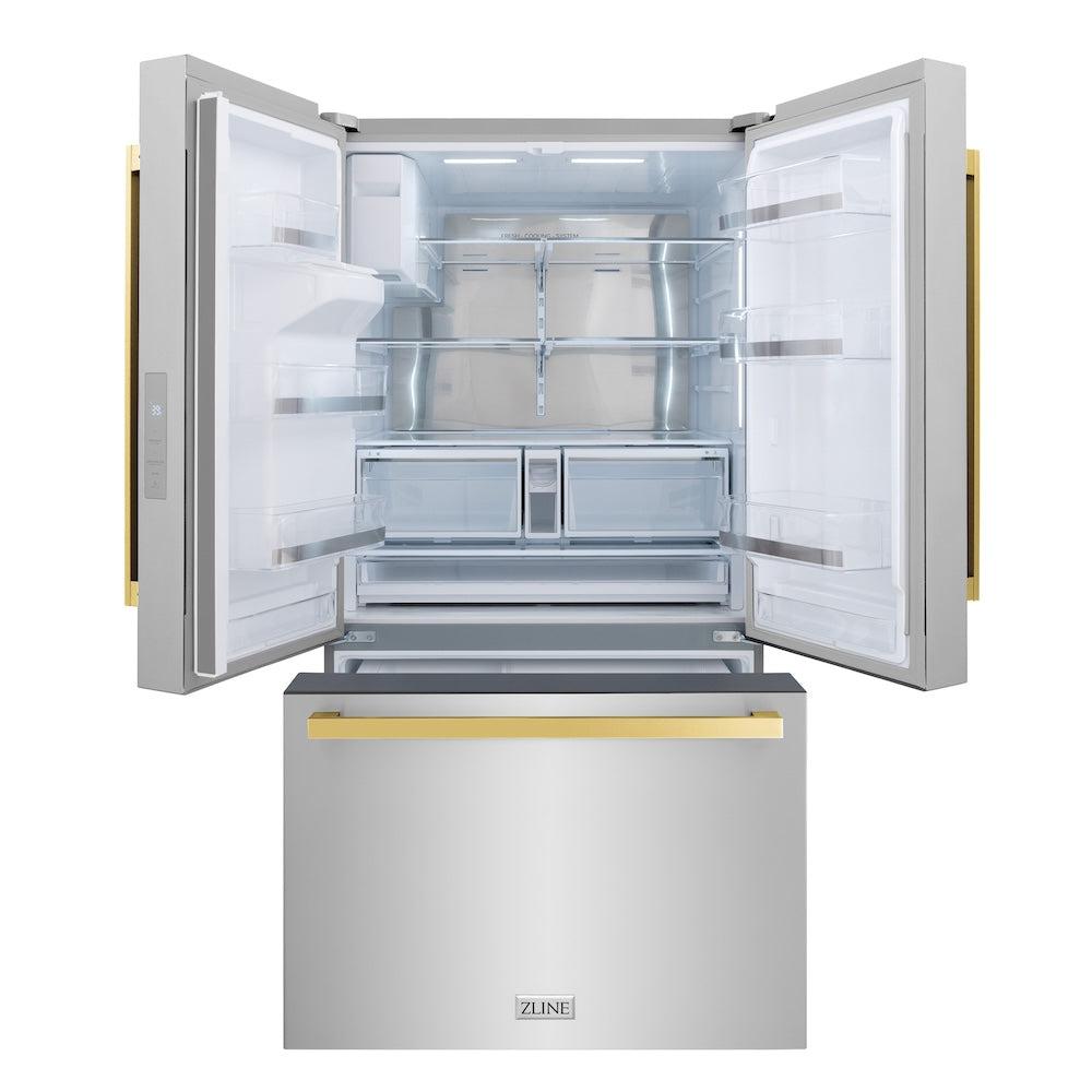 ZLINE Autograph Edition 36 Inch French Door Refrigerator with External Water Dispenser - 28.9 cu. ft. Capacity, Dual Ice Maker, Fingerprint Resistant Stainless Steel & Polished Gold Handles (RSMZ W 36 FG) - Perfect for Modern Kitchens, Entertaining & Large Family Homes
