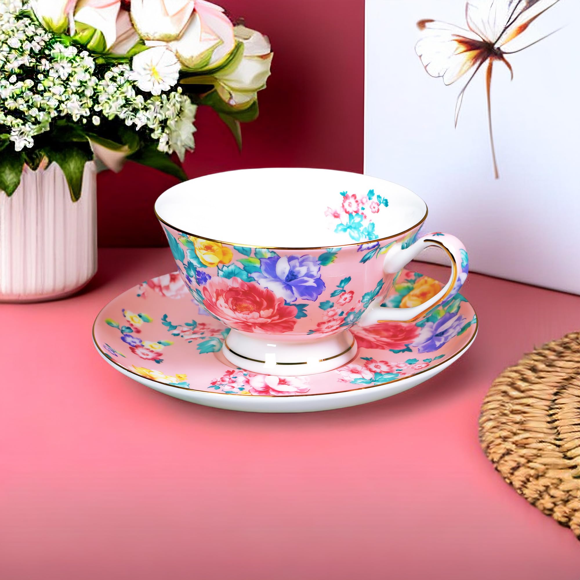 7oz Floral Bone China Tea Cup and Saucer Set - Elegant Coffee & Tea Drinking Set for Women, Perfect Gift for Mom, Friends & Tea Parties - Ideal for Afternoon Tea, Bridal Showers & Home Decor