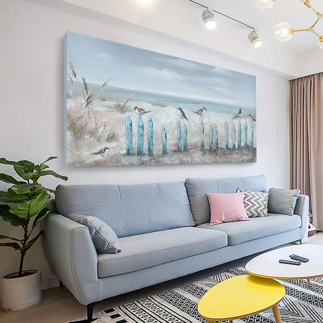 Extra Large 60x30 Inch Hand-Painted Beach Oil Painting - Ocean Seascape with Seagulls Wall Art Canvas, Framed Coastal Decor for Living Room, Bedroom & Office | Perfect for Coastal, Nautical & Beach House Themes
