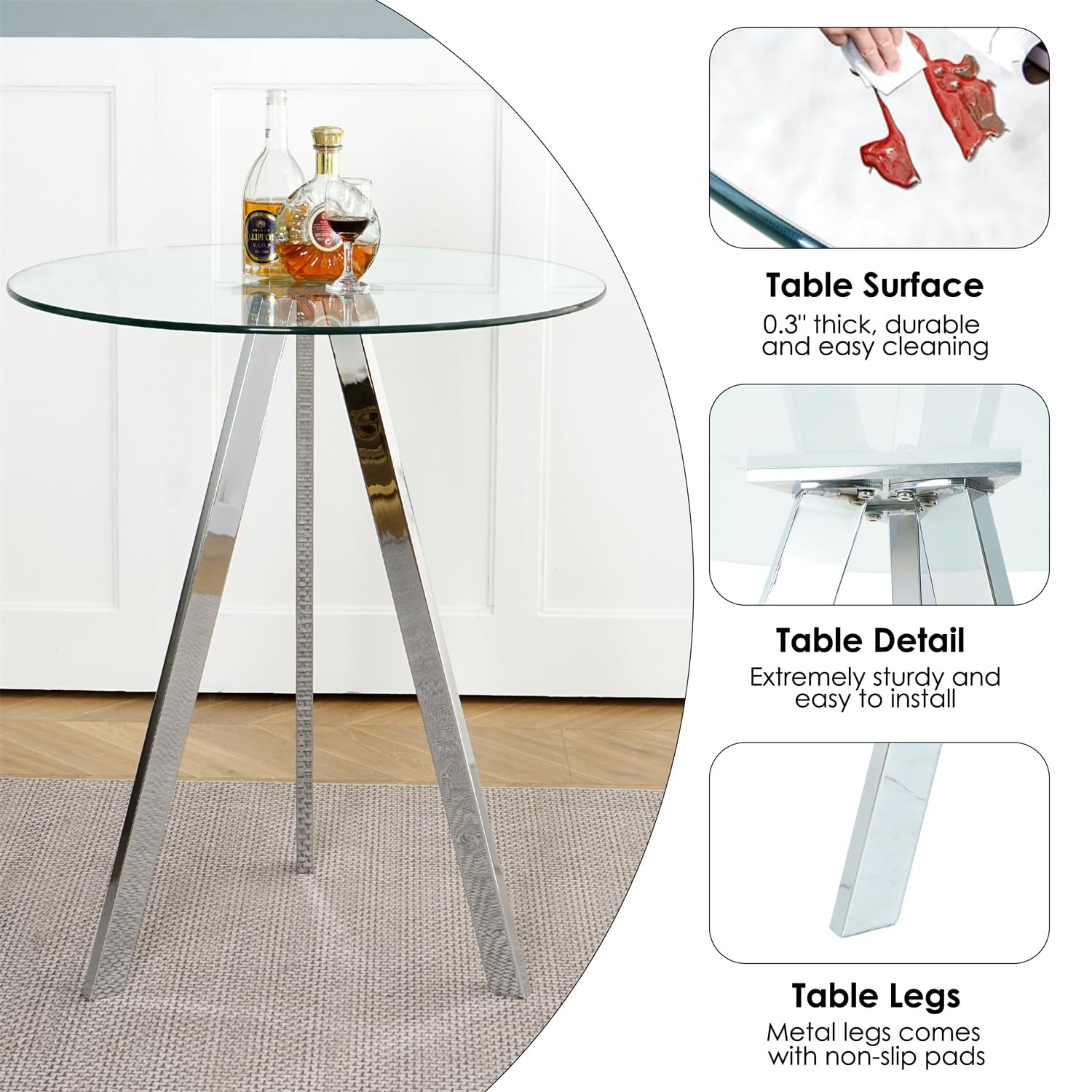 Modern Round Glass High Top Bar Table with Chrome Metal Legs - Clear Top & Silver Base - Perfect for Home Bar, Kitchen Island, Dining Room, and Pub Style Entertaining
